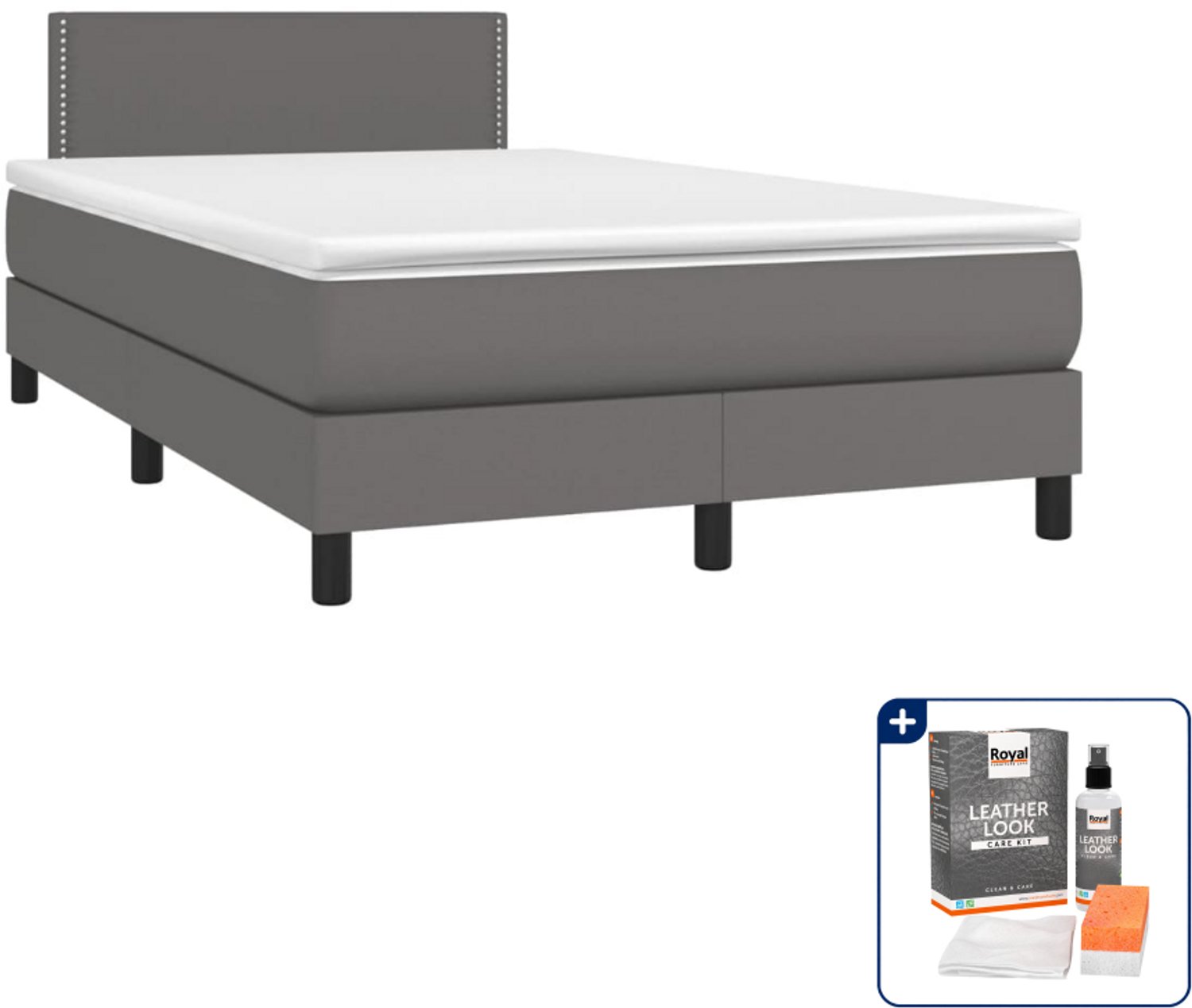 vidaXL boxspring met matras 120 x 190 cm - kunstleer - grijs - Inclusief onderhoudsset voor kunstleer 150 ml