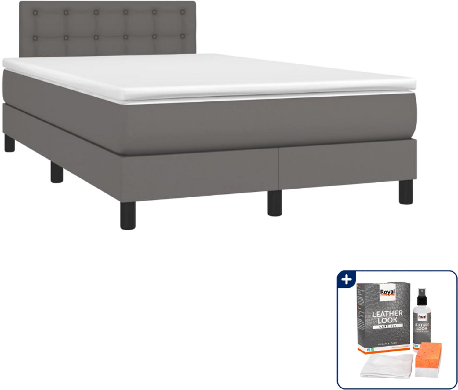 vidaXL boxspring met matras - 120 x 190 cm - kunstleer - grijs - Inclusief onderhoudsset voor kunstleer 150 ml