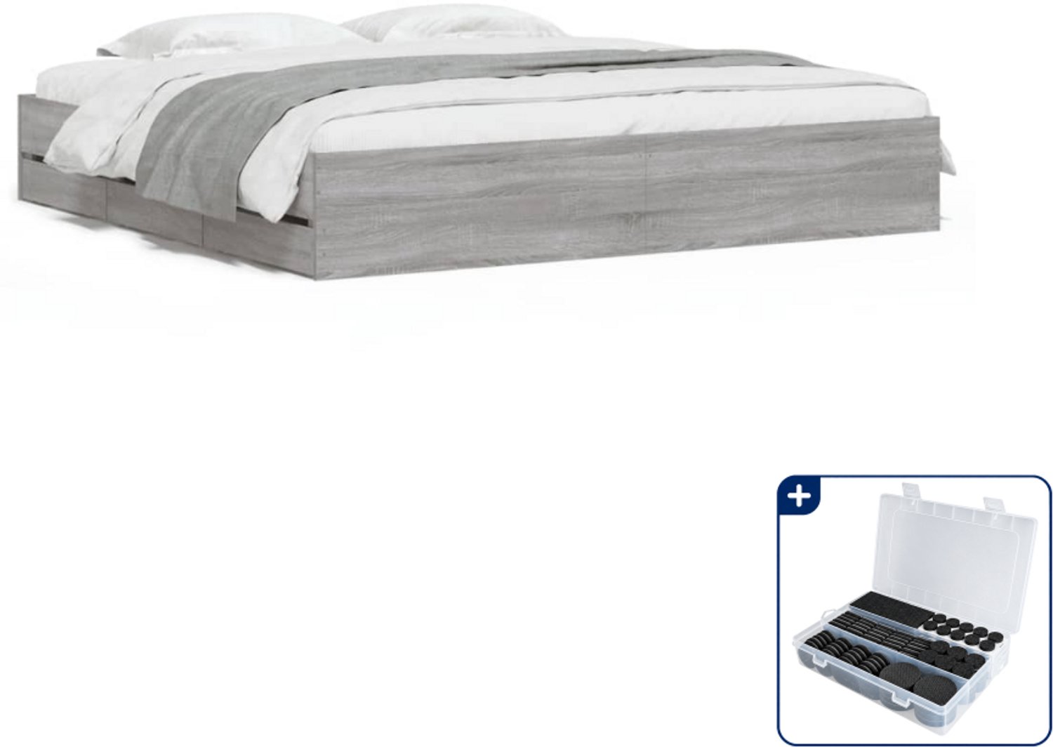 vidaXL bedframe met lades - 200 x 200 cm - bewerkt hout - grijs sonoma - Inclusief antikrasvilt 177-delig Bruin