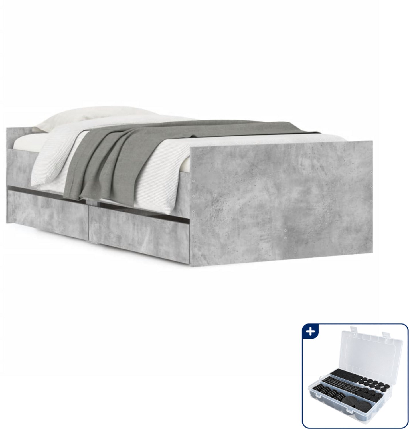 vidaXL bedframe met lades - 75 x 190 cm - bewerkt hout - betongrijs - Inclusief antikrasvilt 177-delig grijs