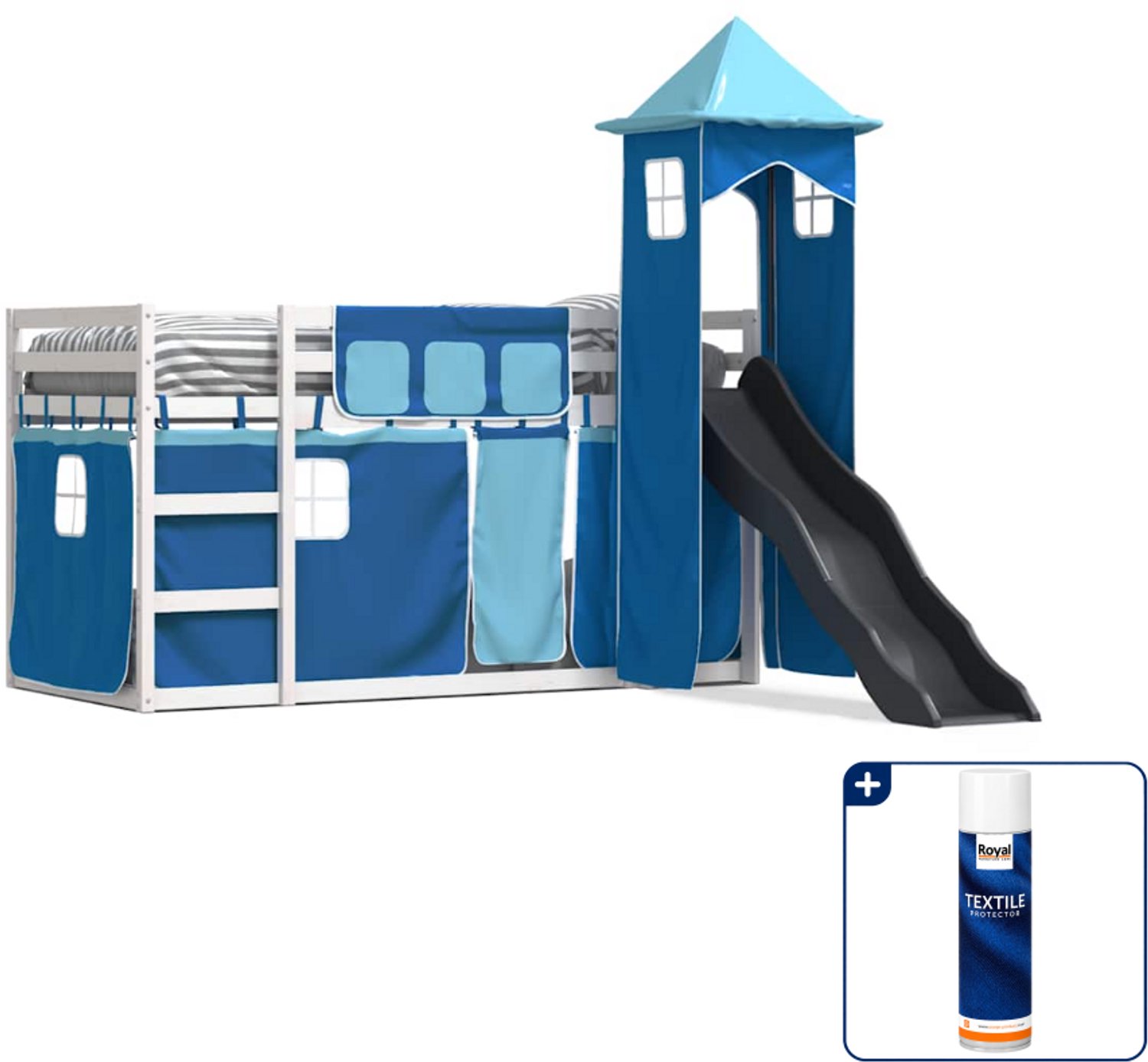 vidaXL stapelbed met glijbaan - 90 x 190 cm - wit - blauw - Inclusief textielbeschermer 500 ml Bruin