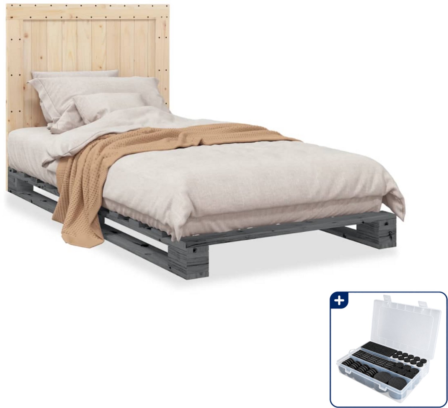 vidaXL Bedframe met hoofdbord - 100 x 200 cm - massief grenenhout - grijs - Inclusief antikrasvilt 177-delig Bruin