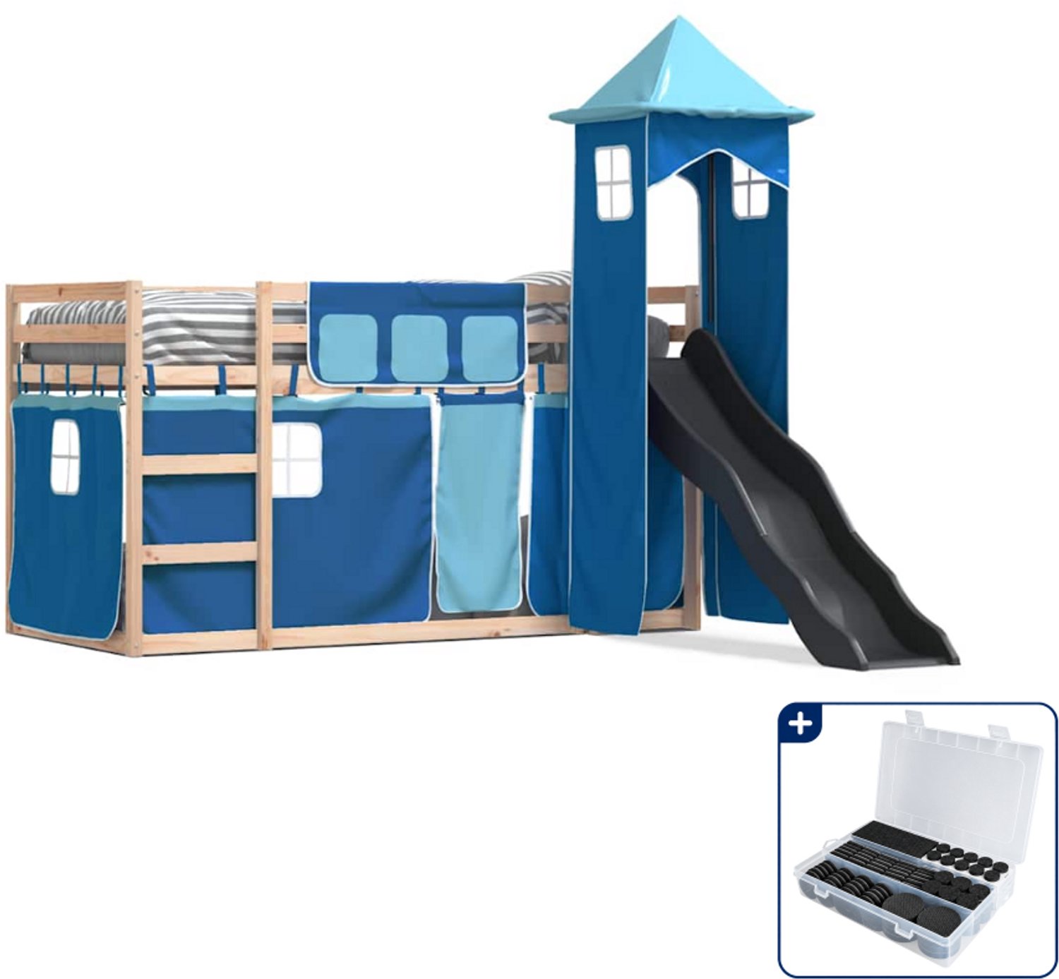 vidaXL stapelbed met glijbaan - 80 x 200 cm - massief grenenhout - blauw - Inclusief antikrasvilt 177-delig Zwart