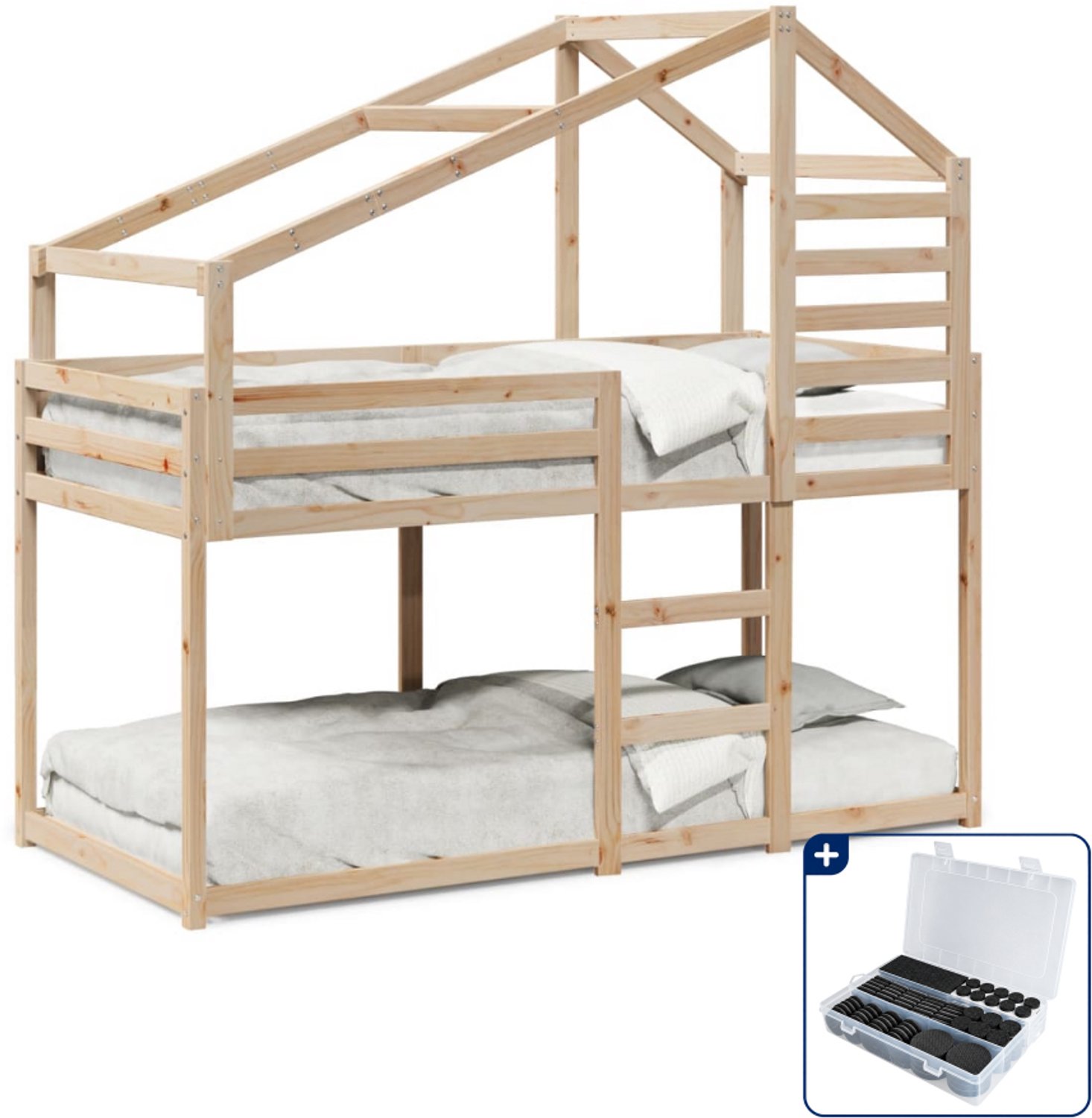 vidaXL stapelbed met dak - 80 x 200 cm - massief grenenhout - Inclusief antikrasvilt 177-delig Bruin