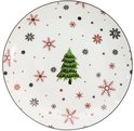 Wit porseleinen bord met een handgeschilderde groene kerstboom en rode en zwarte sneeuwvlokken.