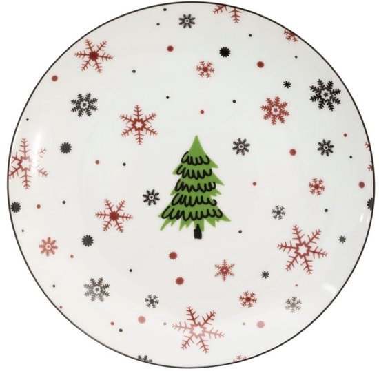 Wit porseleinen bord met een handgeschilderde groene kerstboom en rode en zwarte sneeuwvlokken.