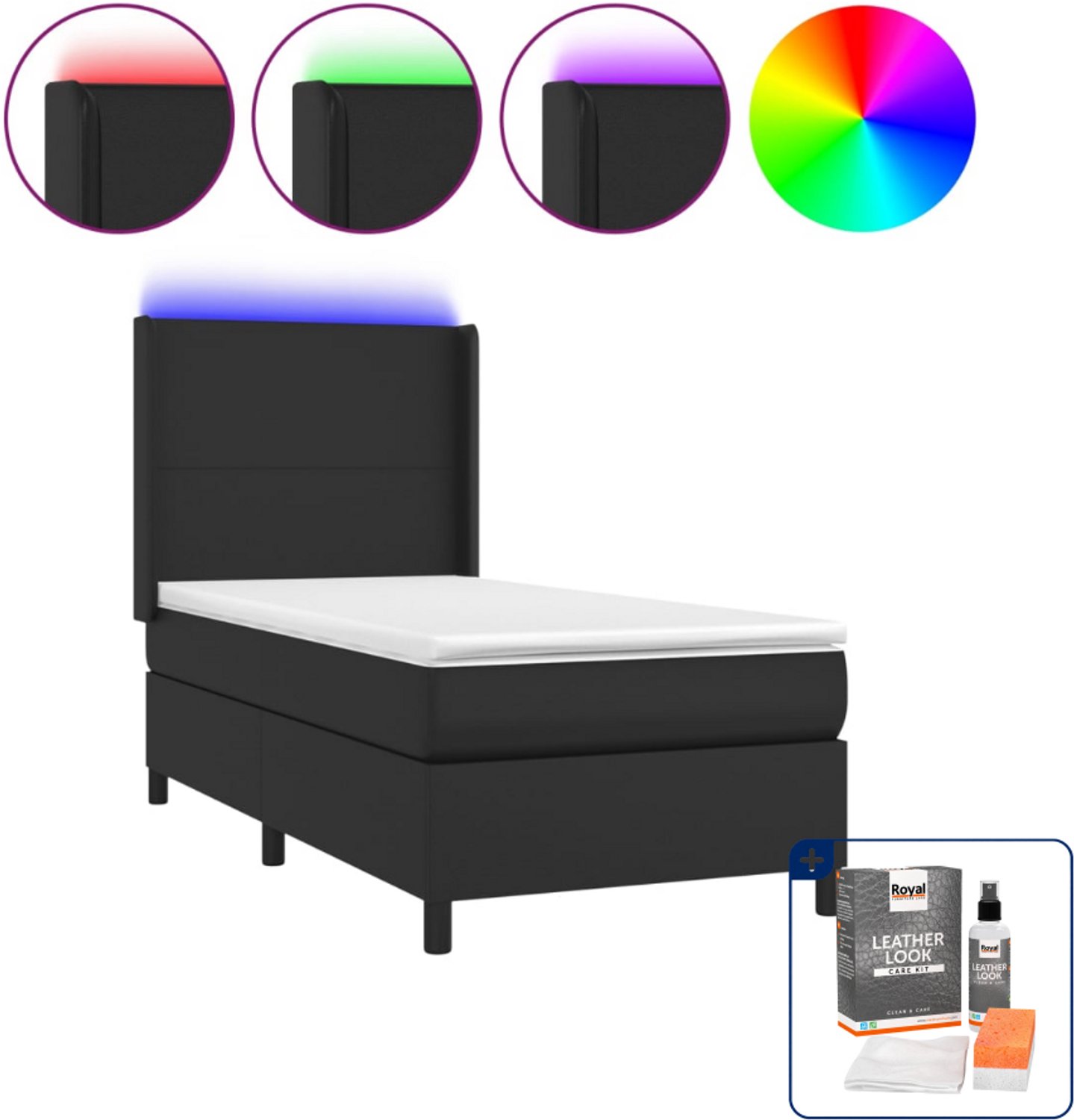 vidaXL boxspring met matras en led - 90 x 190 cm - zwart - Inclusief onderhoudsset voor kunstleer 150 ml