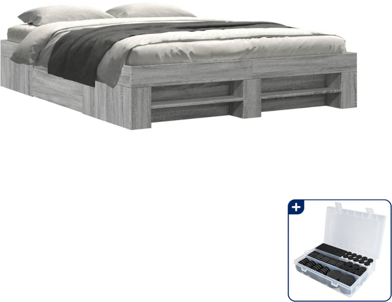 vidaXL bedframe Queensize 160 x 200 cm - bewerkt hout - grijs sonoma - Inclusief antikrasvilt 177-delig Bruin