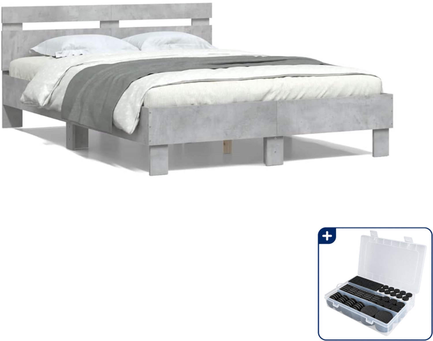 vidaXL bedframe met hoofdeinde - 120 x 200 cm - bewerkt hout - betongrijs - Inclusief antikrasvilt 177-delig Blauw