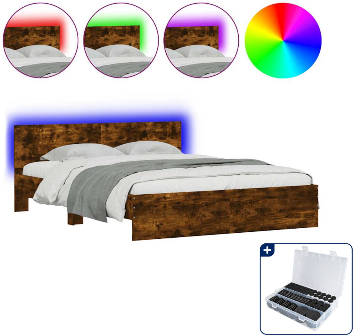 vidaXL Queensize bedframe met LED - 160 x 200 cm - gerookt eiken - Inclusief antikrasvilt 177-delig Grijs