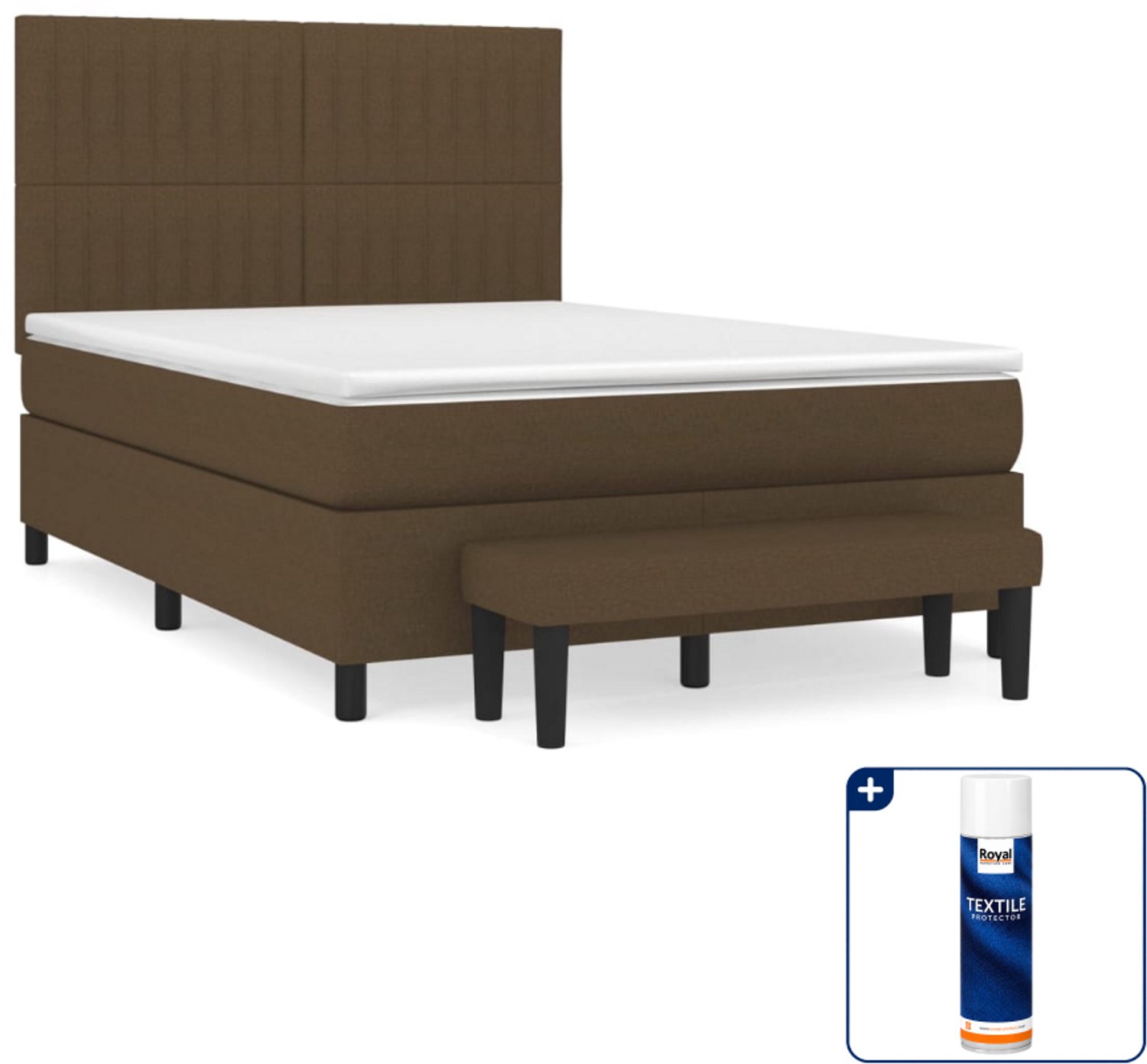 vidaXL Boxspring met matras en bankje - 140 x 190 cm - donkerbruin - Inclusief textielbeschermer 500 ml