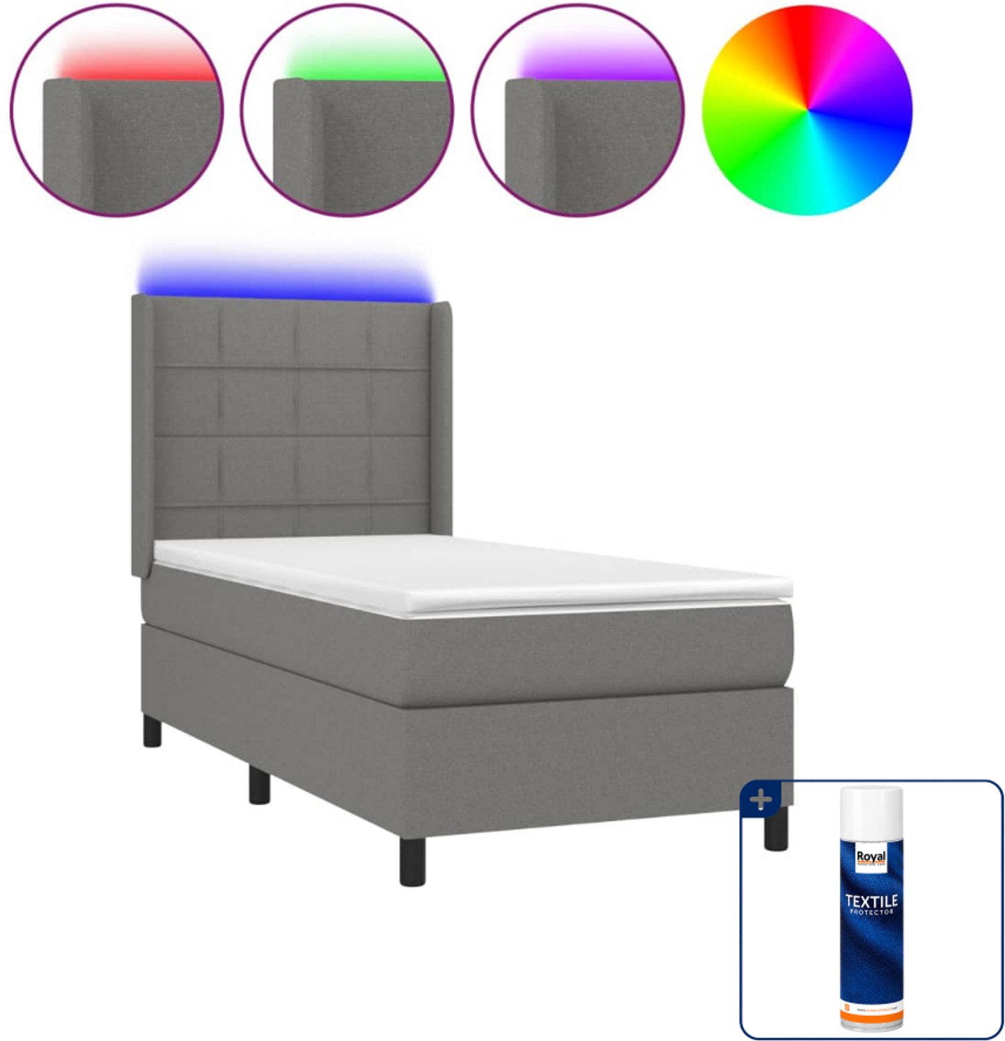 vidaXL boxspring met matras en LED - 90 x 200 cm - donkergrijs - Inclusief textielbeschermer 500 ml