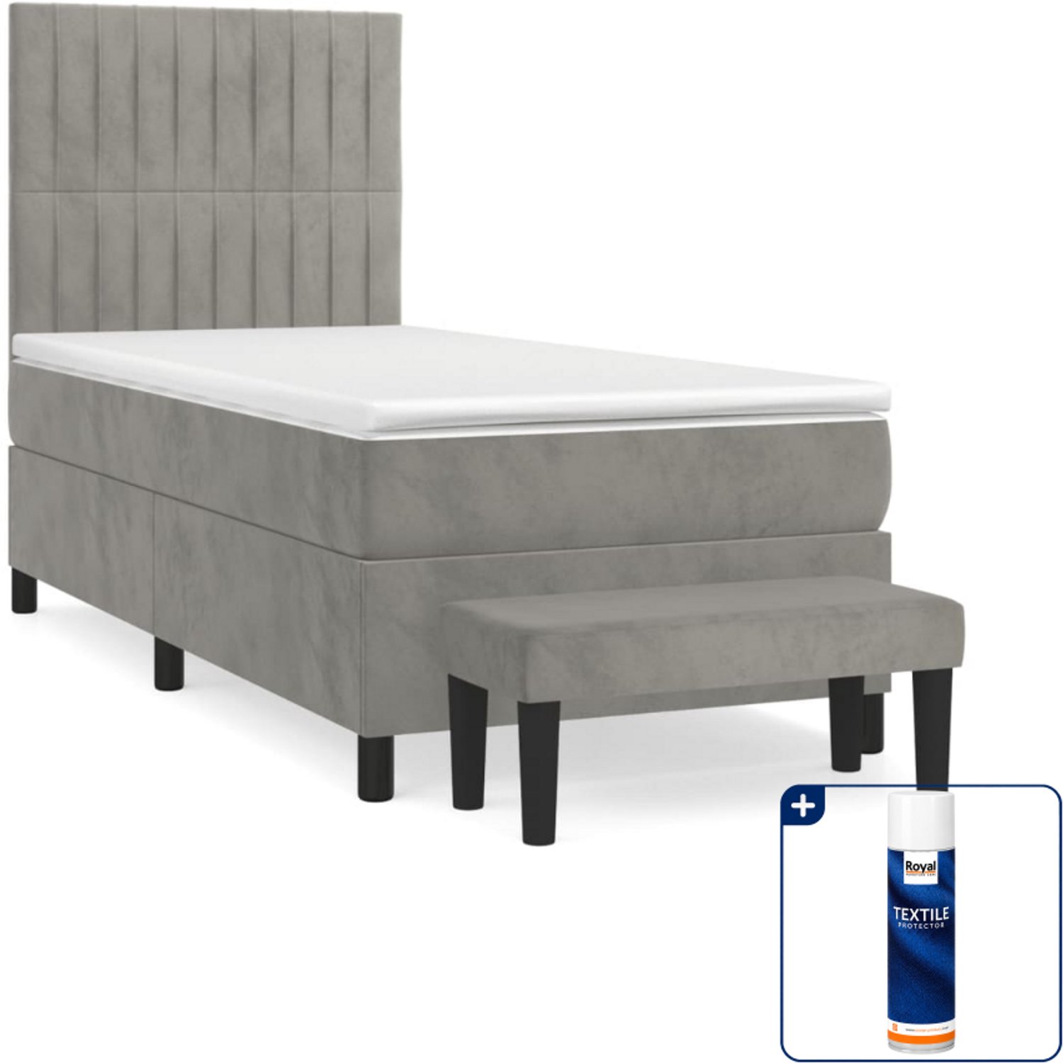 vidaXL Boxspring met matras en bankje - 100 x 200 cm - fluweel - lichtgrijs - Inclusief textielbeschermer 500 ml