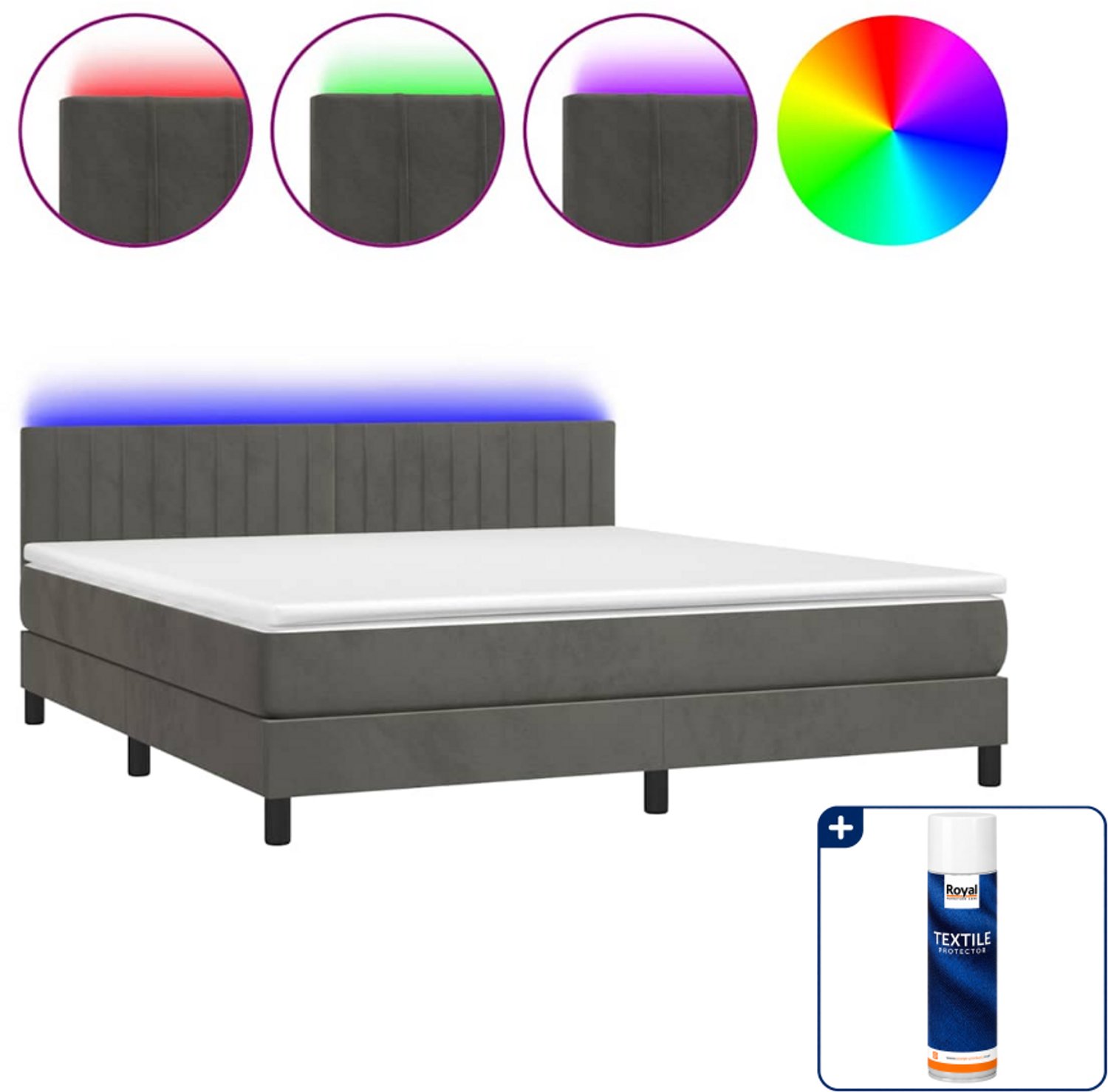 vidaXL Kingsize boxspring met matras en LED - 180x200 cm - donkergrijs - Inclusief textielbeschermer 500 ml