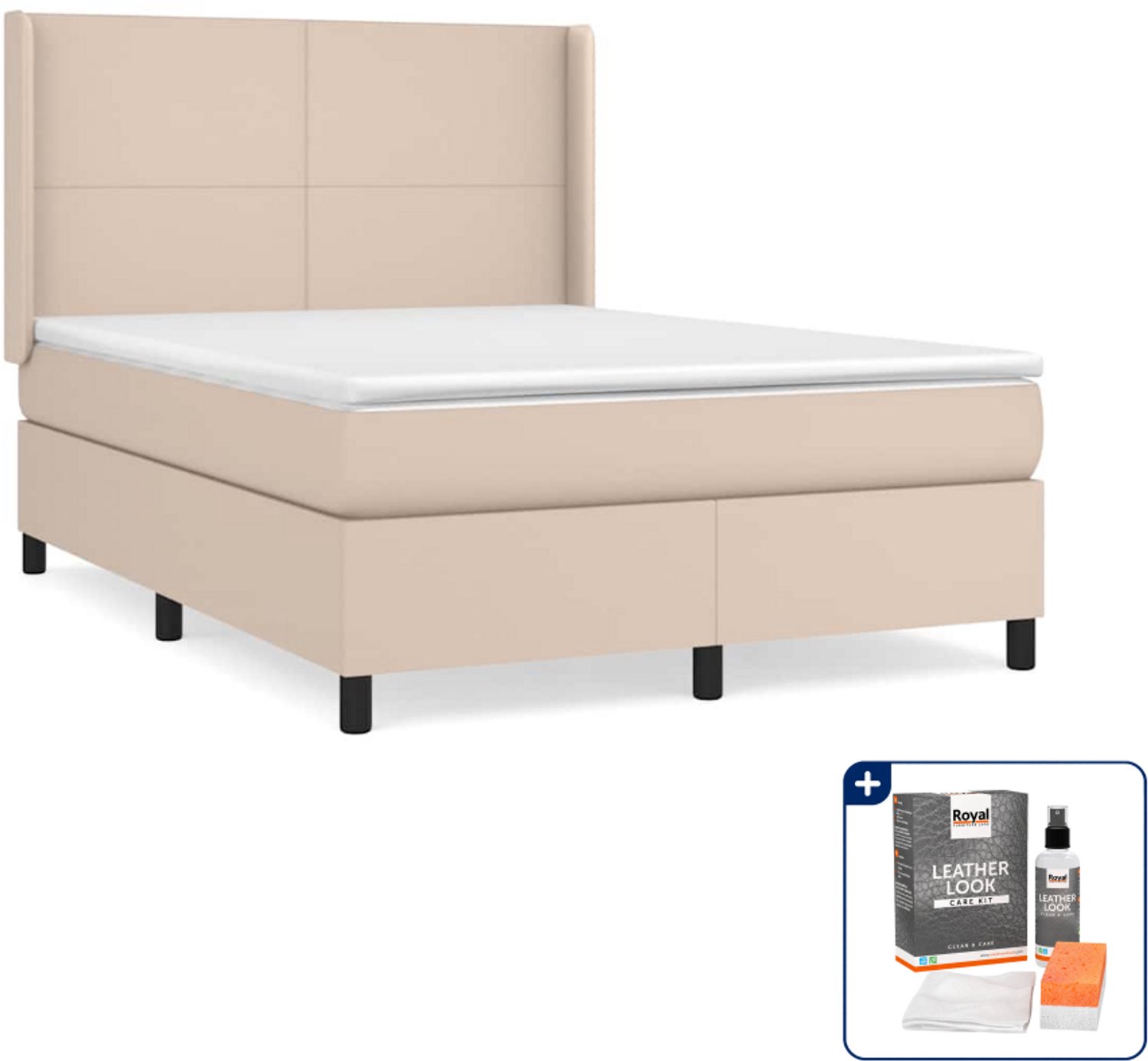 vidaXL boxspring met matras - Small double - 140x200 cm - cappuccino - Inclusief onderhoudsset voor kunstleer 150 ml Bruin