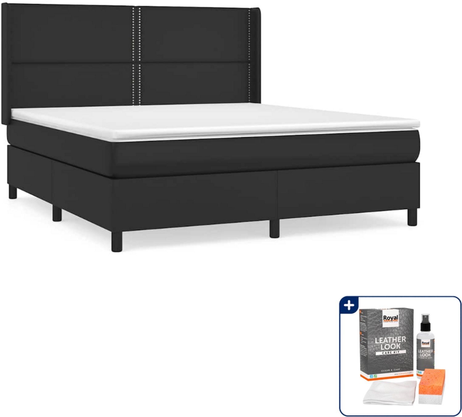 vidaXL Kingsize boxspring met matras - 180 x 200 cm - zwart - Inclusief onderhoudsset voor kunstleer 150 ml