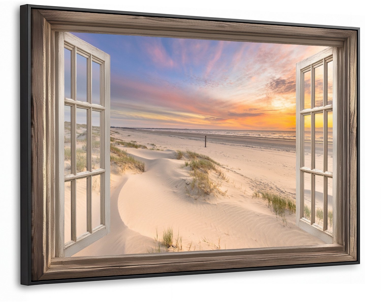 Canvas Schilderij met Baklijst XXL Canvas Schilderij met Baklijst 150x100cm - Doorkijk - Strand - Duinen - Natuur - Landschap - Muurdecoratie woonkamer - Slaapkamer decoratie - Kamer accessoires - Schilderijen op canvas met lijst groot