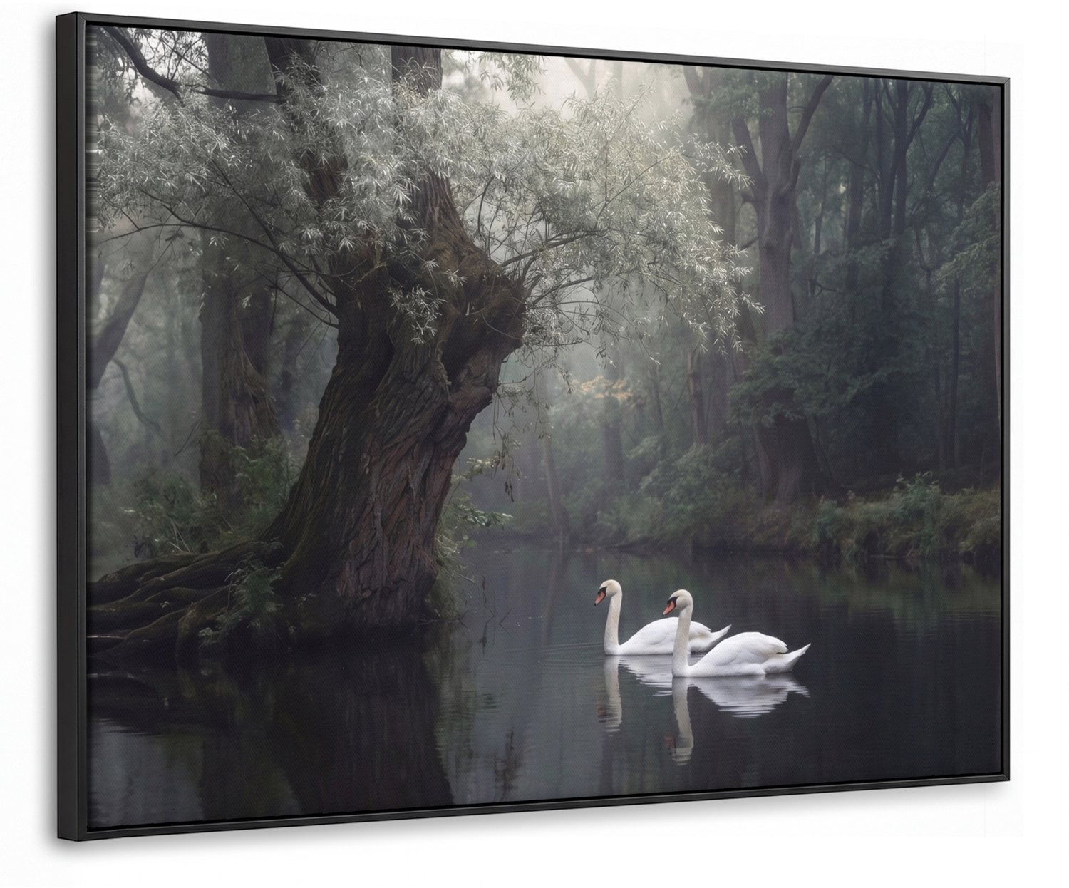 Canvas Schilderij met Baklijst 100x70cm - Zwanen - Rivier - Bos - Muurdecoratie woonkamer - Slaapkamer decoratie - Kamer accessoires - Schilderijen op canvas met lijst