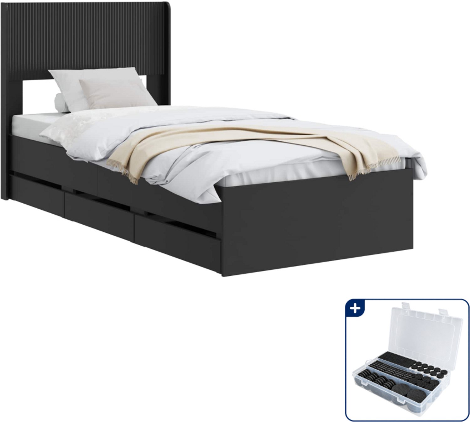 vidaXL bedframe met opbergruimte - 75 x 190 cm - bewerkt hout - zwart - Inclusief antikrasvilt 177-delig