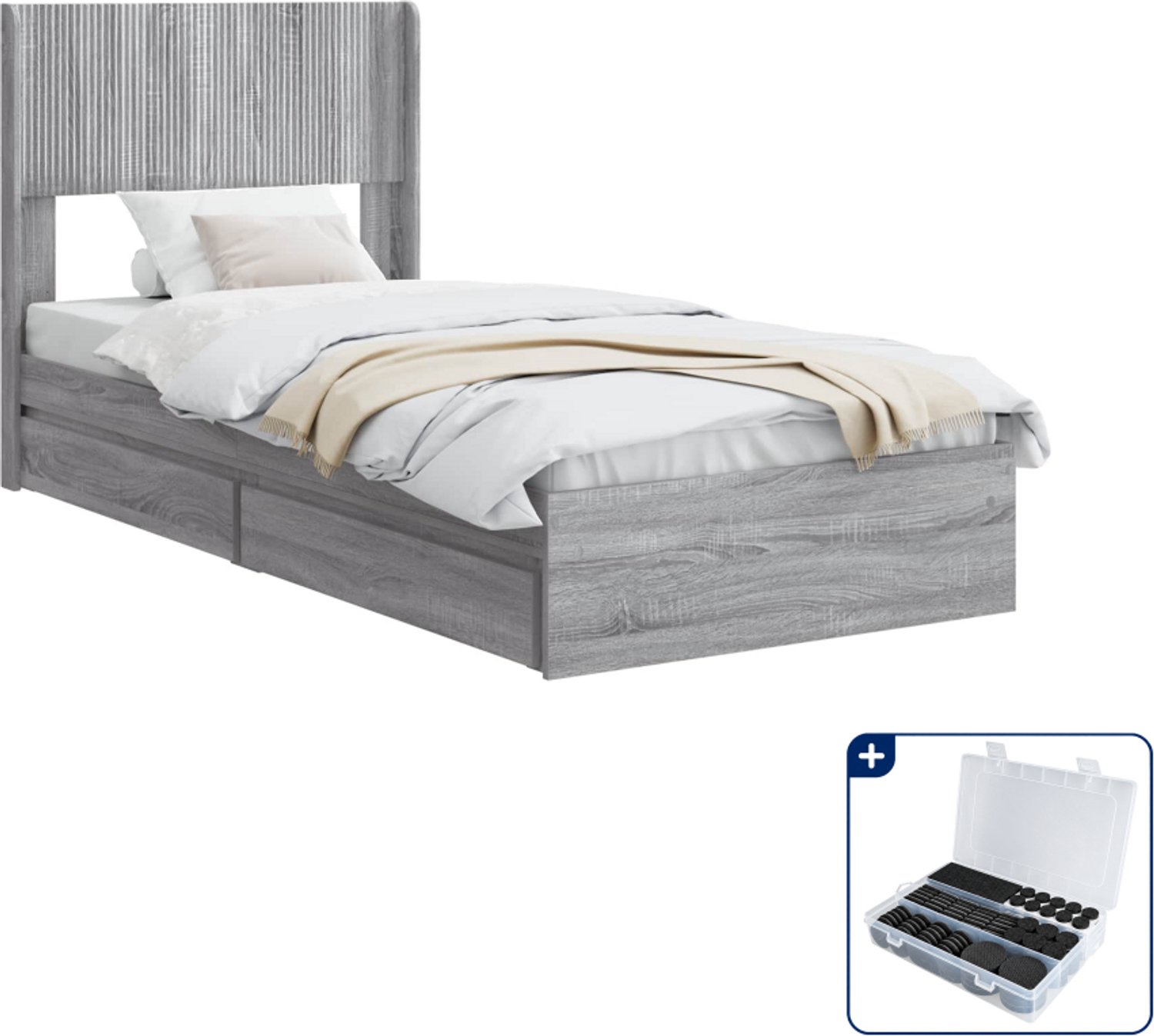 vidaXL bedframe - 75 x 190 cm - bewerkt hout - grijs sonoma - Inclusief antikrasvilt 177-delig