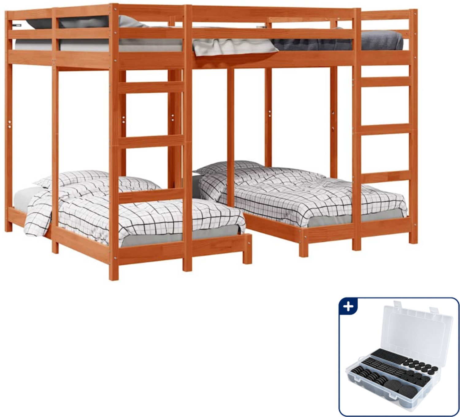vidaXL stapelbed voor 4 personen - 160 x 200 cm - massief hout - bruin - Inclusief antikrasvilt 177-delig