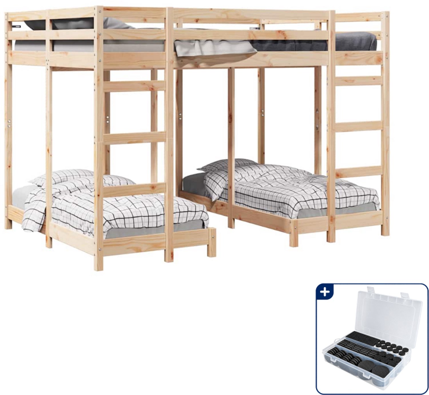 vidaXL stapelbed voor 3 personen - 140 x 200 cm - massief grenen - bruin - Inclusief antikrasvilt 177-delig