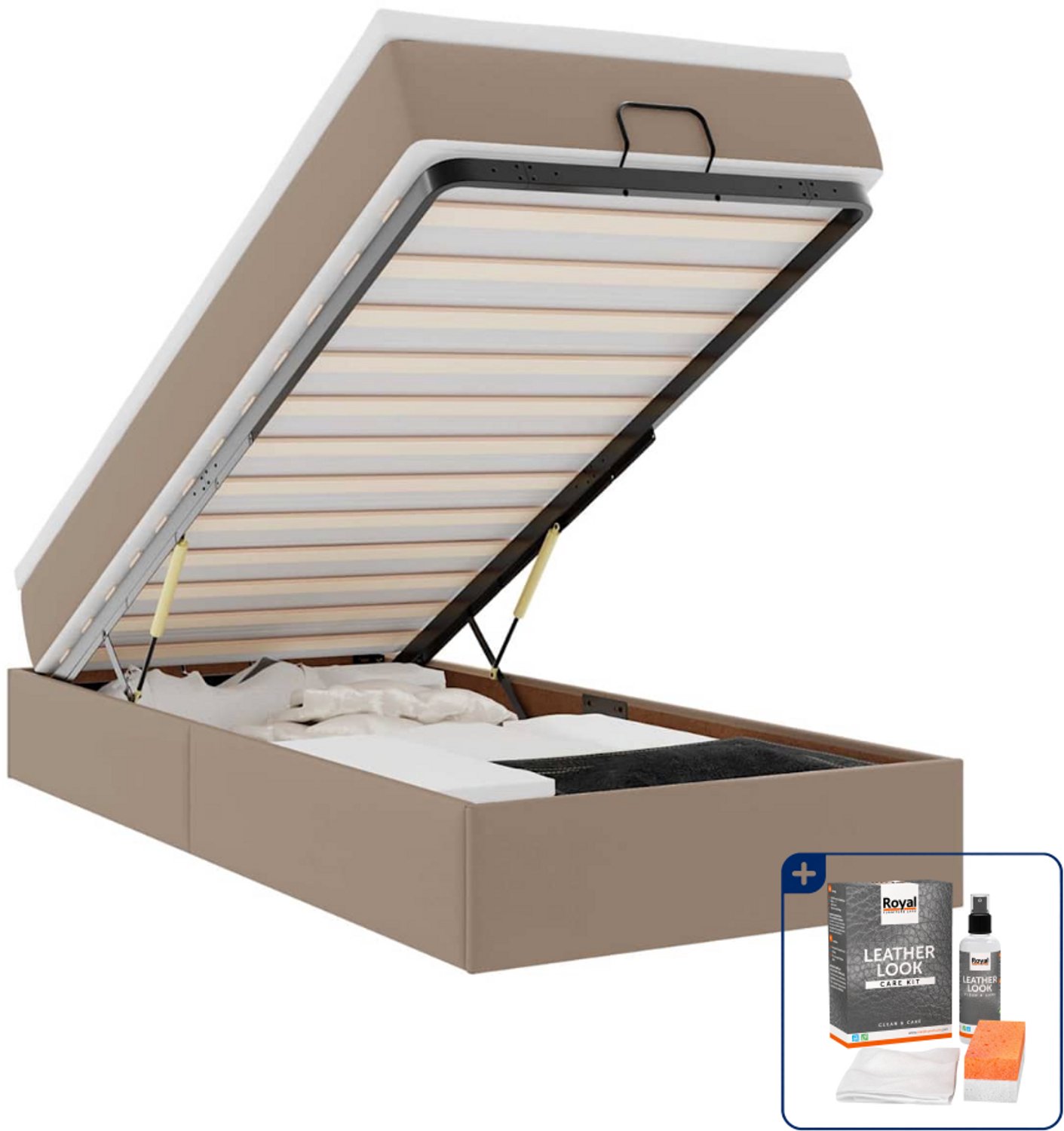 vidaXL ottoman bed met matras - 100 x 200 cm - kunstleer - cappuccino - Inclusief onderhoudsset voor kunstleer 150 ml Grijs