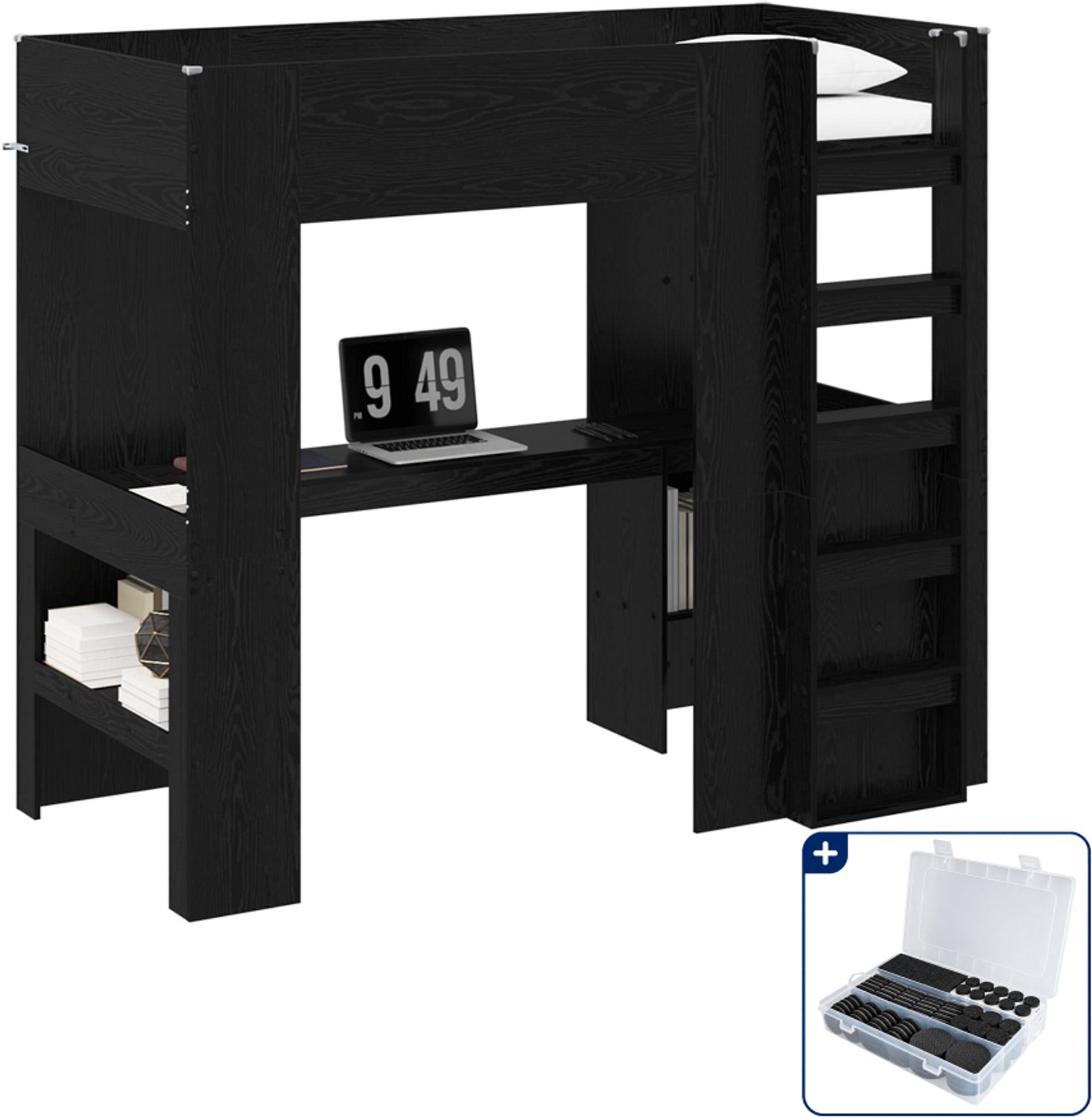 vidaXL loftbed met bureau - 80 x 200 cm - bewerkt hout - zwart eiken - Inclusief antikrasvilt 177-delig Grijs