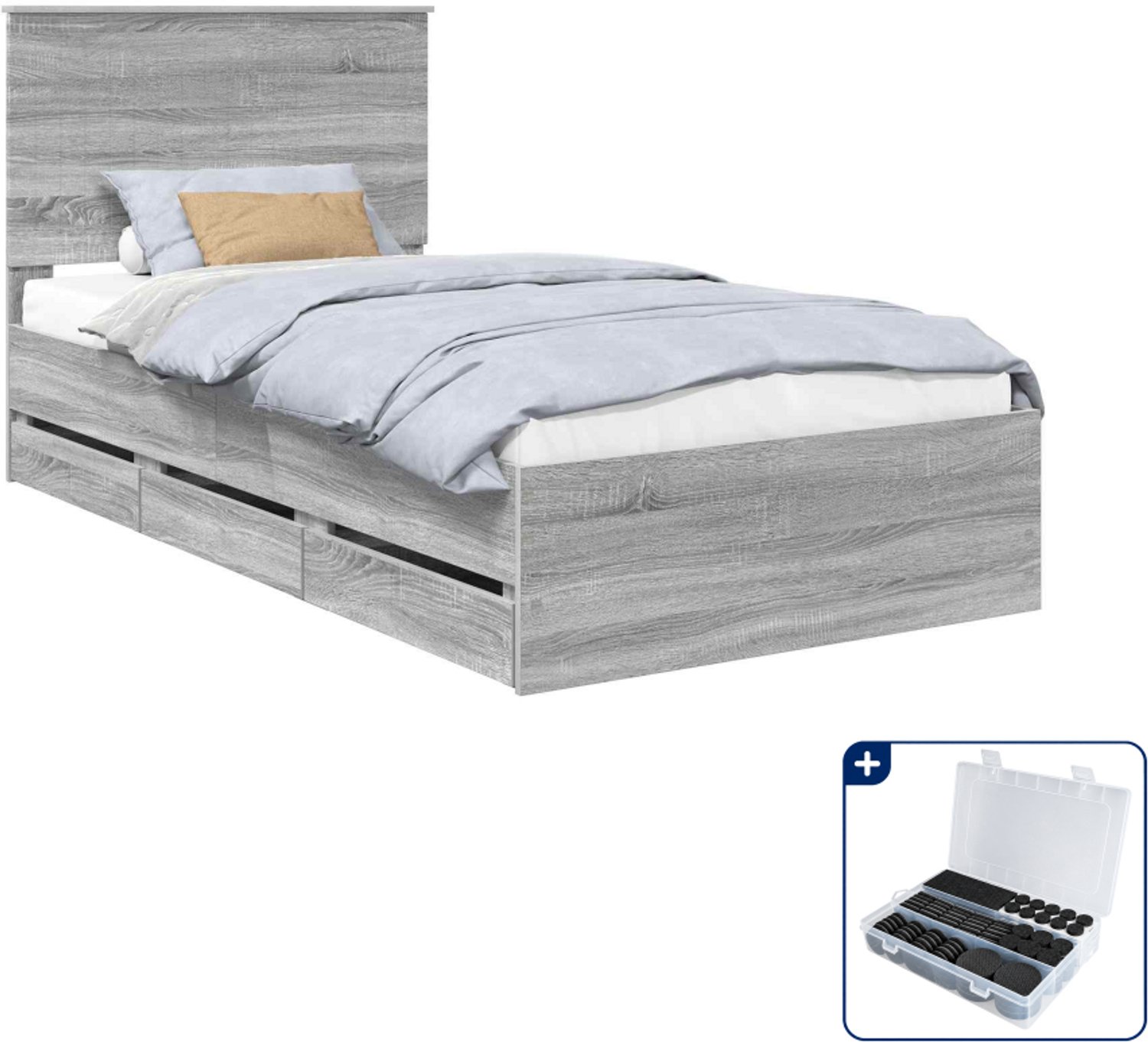 vidaXL bedframe met lade - 100 x 200 cm - bewerkt hout - grijs sonoma - Inclusief antikrasvilt 177-delig Bruin