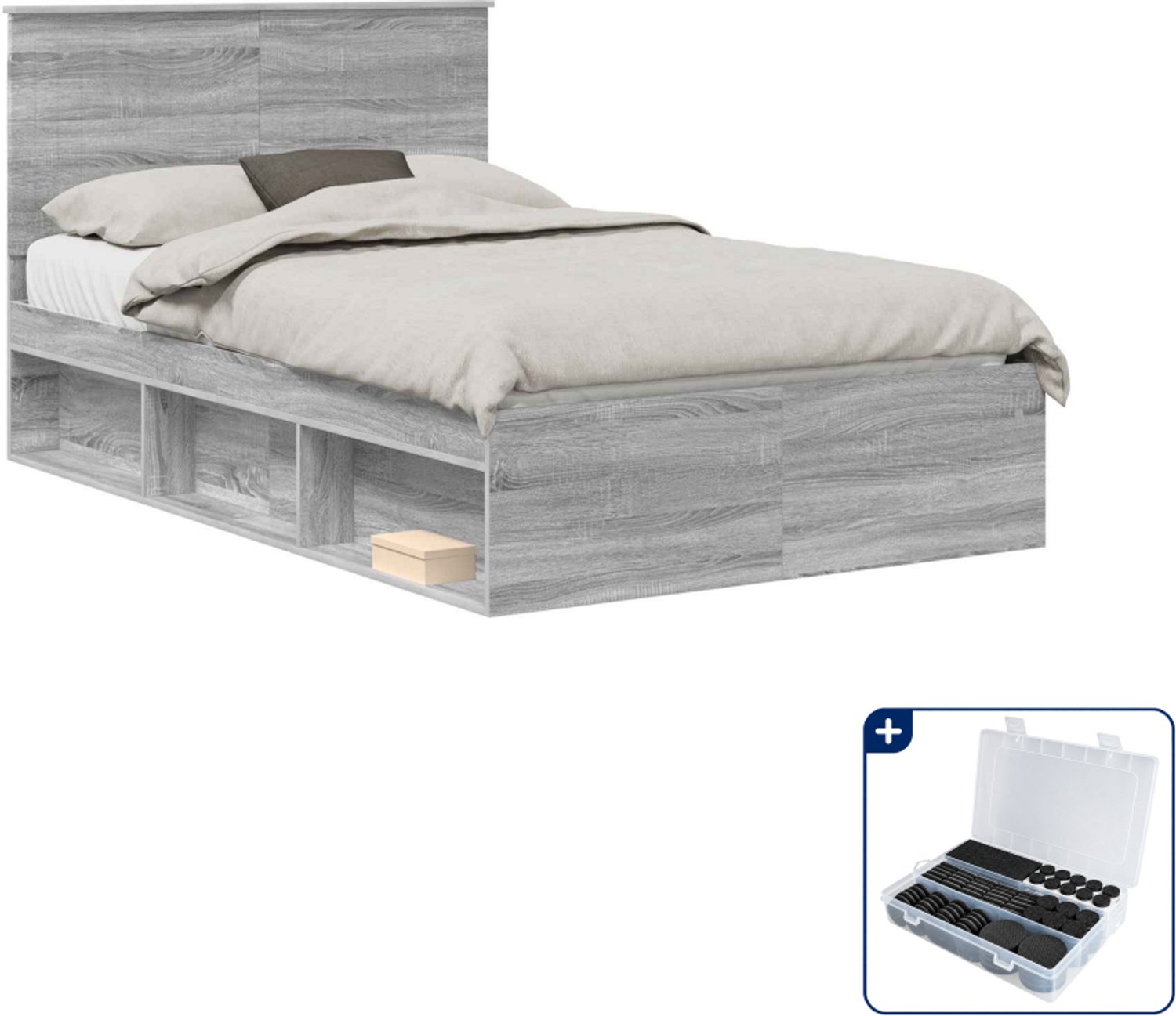 vidaXL bedframe - 120 x 200 cm - bewerkt hout - grijs sonoma - Inclusief antikrasvilt 177-delig Bruin