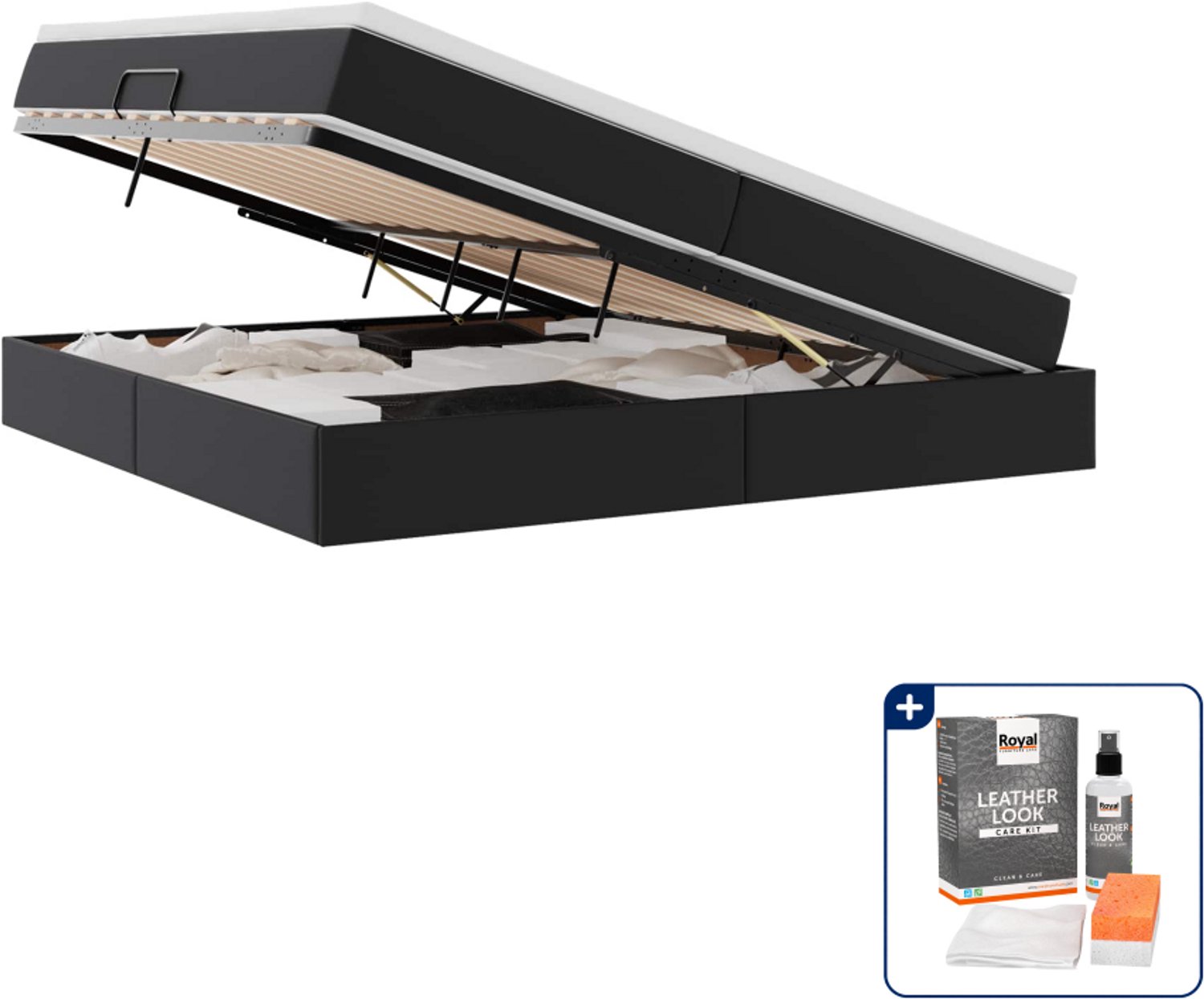 vidaXL opbergbed met matras - 200 x 200 cm - kunstleer - zwart - Inclusief onderhoudsset voor kunstleer 150 ml Crème