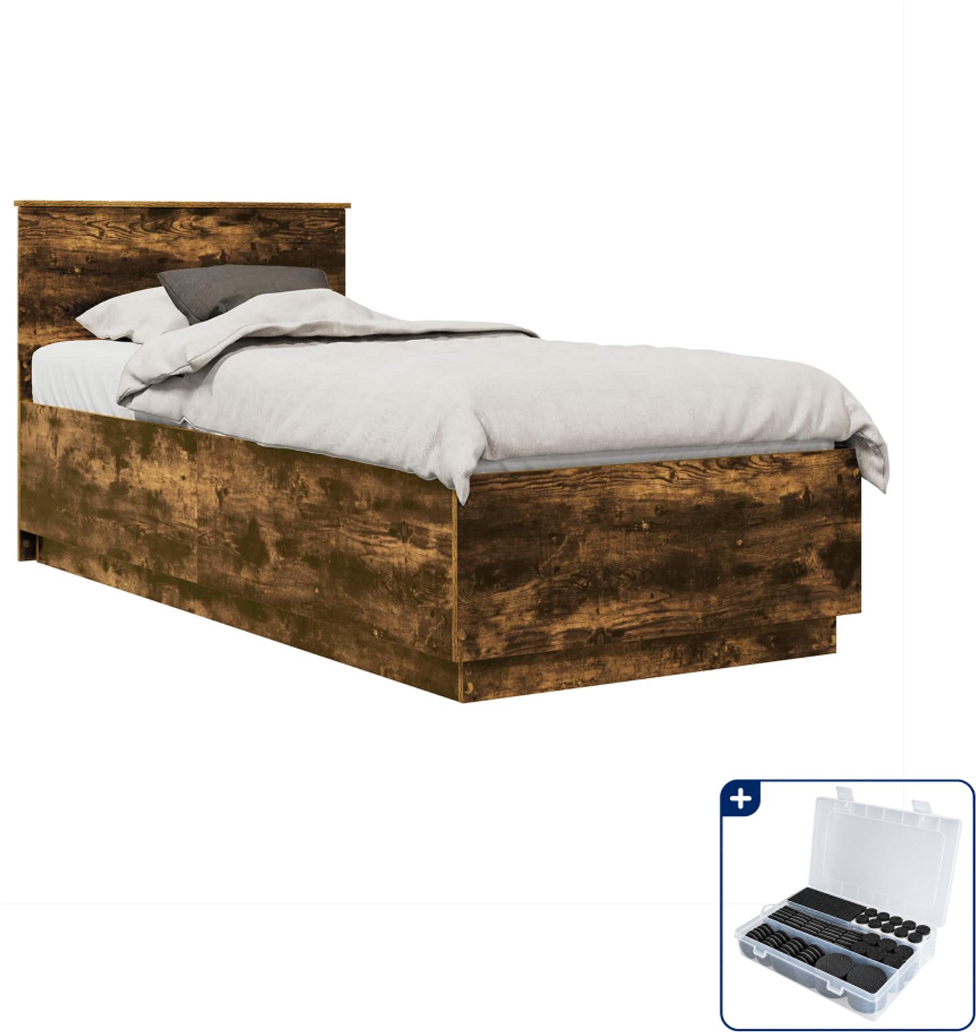 vidaXL bedframe met hoofdeinde - 100 x 200 cm - bewerkt hout - gerookt eiken - Inclusief antikrasvilt 177-delig Grijs