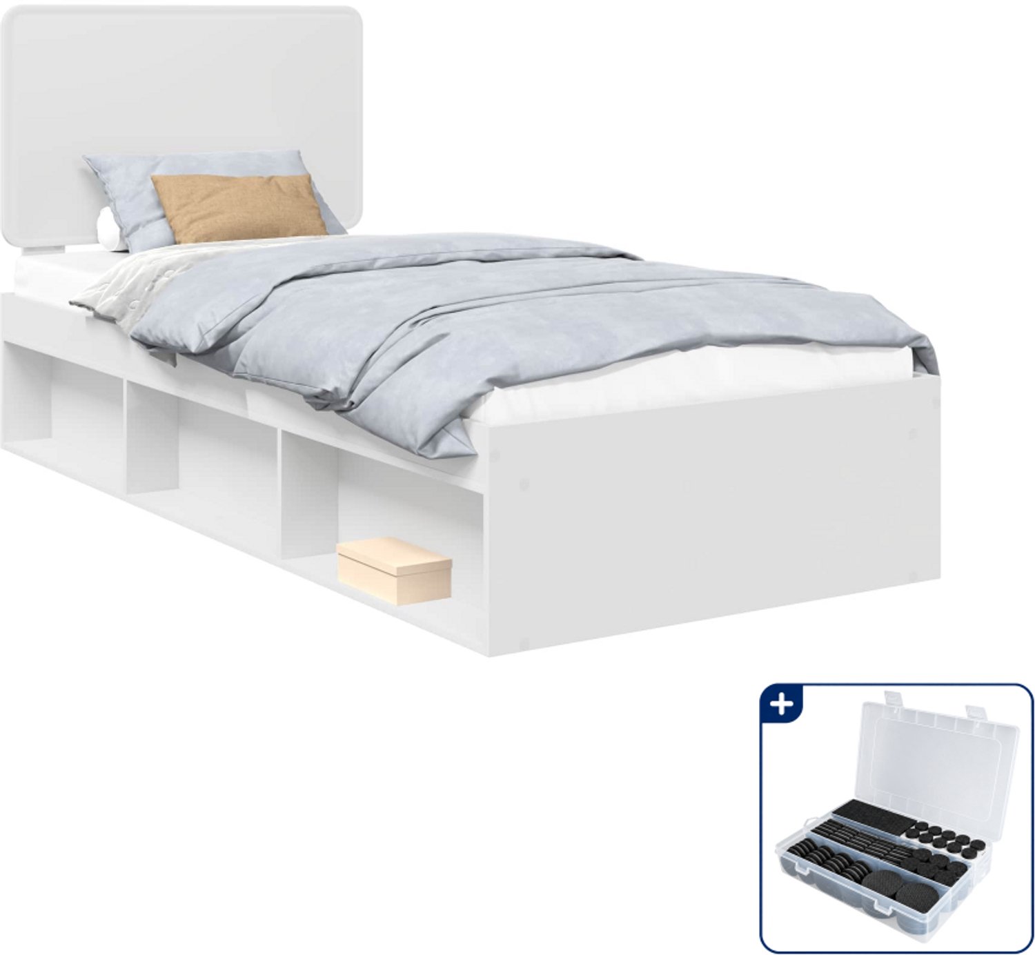 vidaXL Bedframe - 90 x 200 cm - bewerkt hout - wit - Inclusief antikrasvilt 177-delig Zwart
