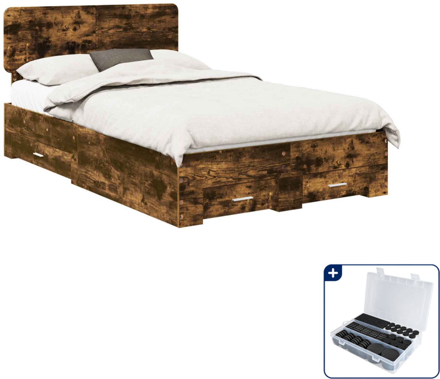 vidaXL bedframe met lade - 135 x 190 cm - bewerkt hout - gerookt eiken - Inclusief antikrasvilt 177-delig Blauw