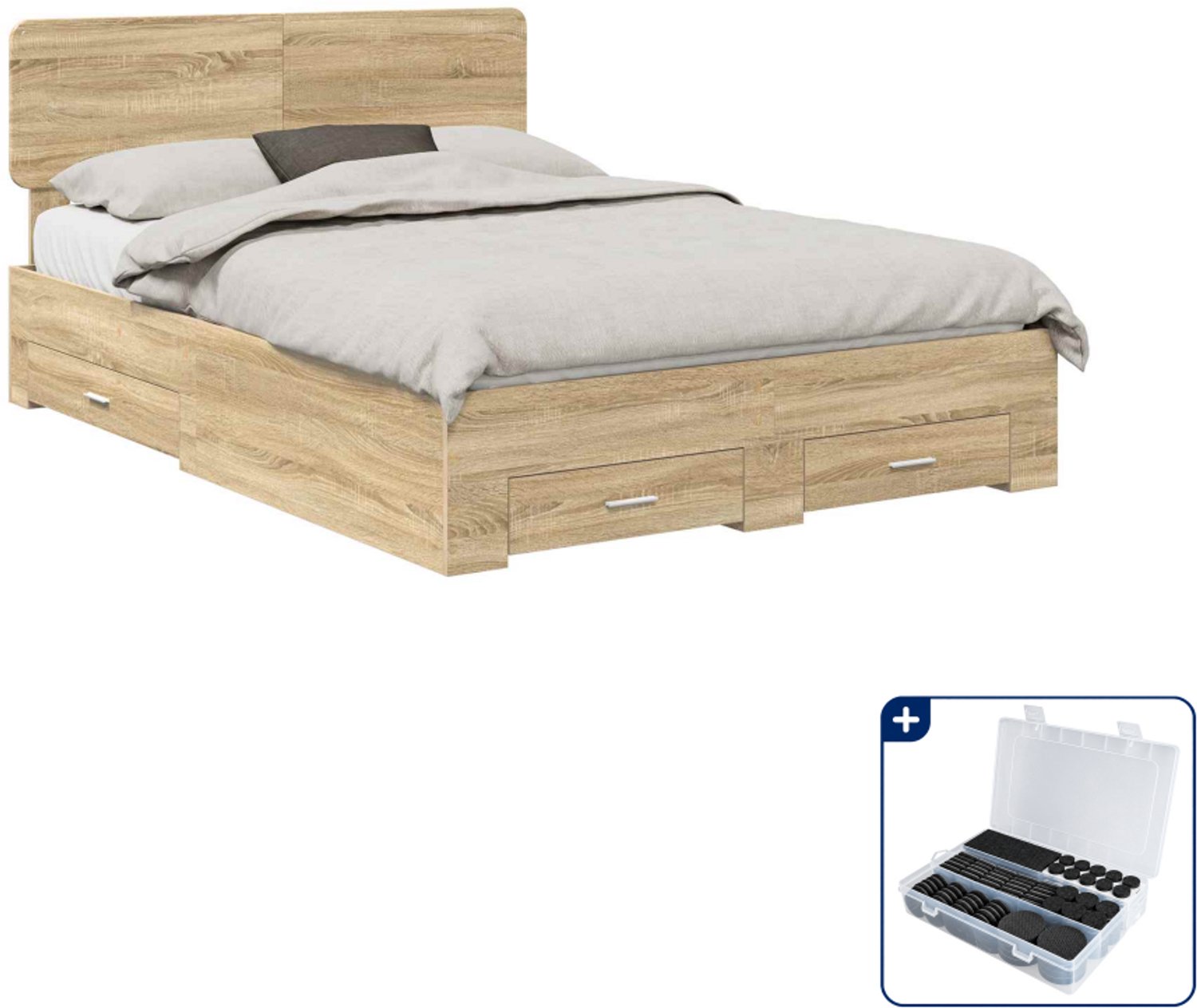vidaXL bedframe met lade - 140 x 190 cm - bewerkt hout - sonoma eiken - Inclusief antikrasvilt 177-delig Blauw