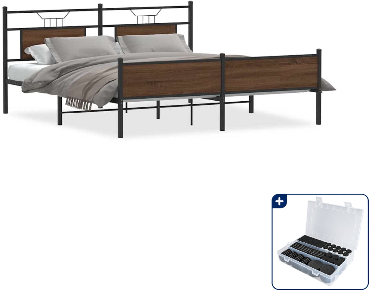 vidaXL bedframe - 183 x 213 cm - staal en bewerkt hout - bruineiken - Inclusief antikrasvilt 177-delig