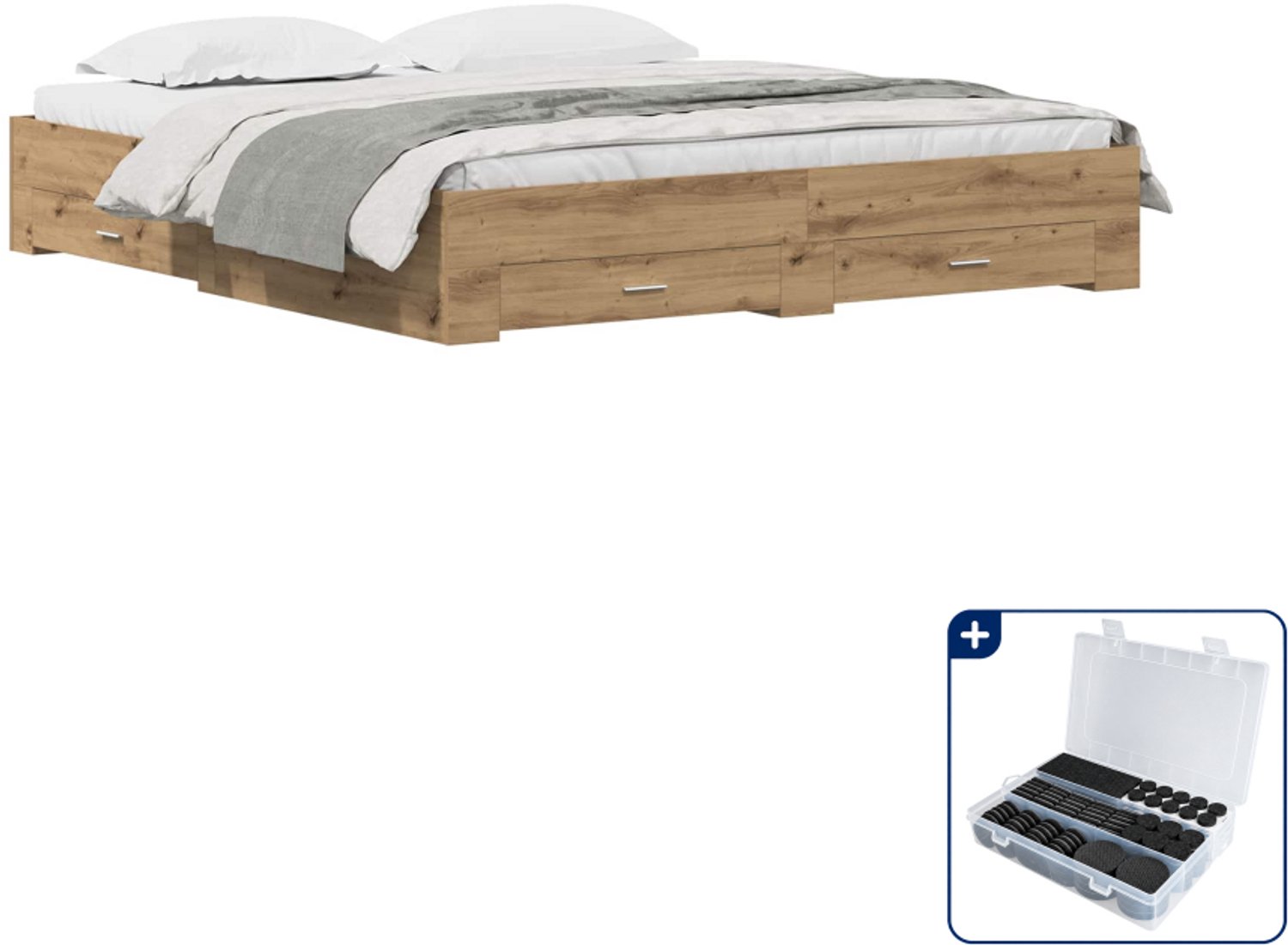 vidaXL Kingsize bedframe - 180 x 200 cm - bewerkt hout - artisan eiken - Inclusief antikrasvilt 177-delig Lichtgrijs