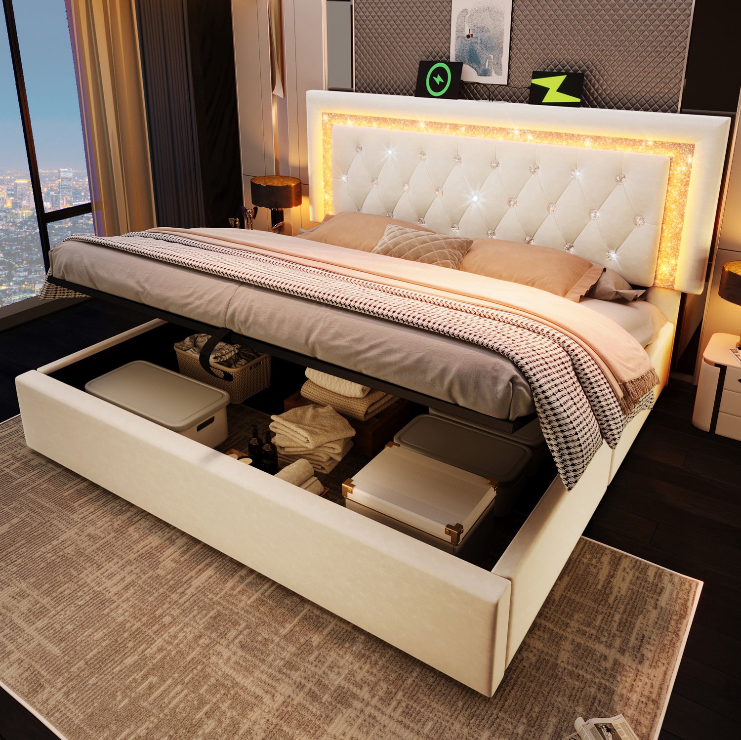 Maisentiel Gestoffeerd tweepersoonsbed 140 x 200 cm beige met opbergruimte, LED en lattenbodem