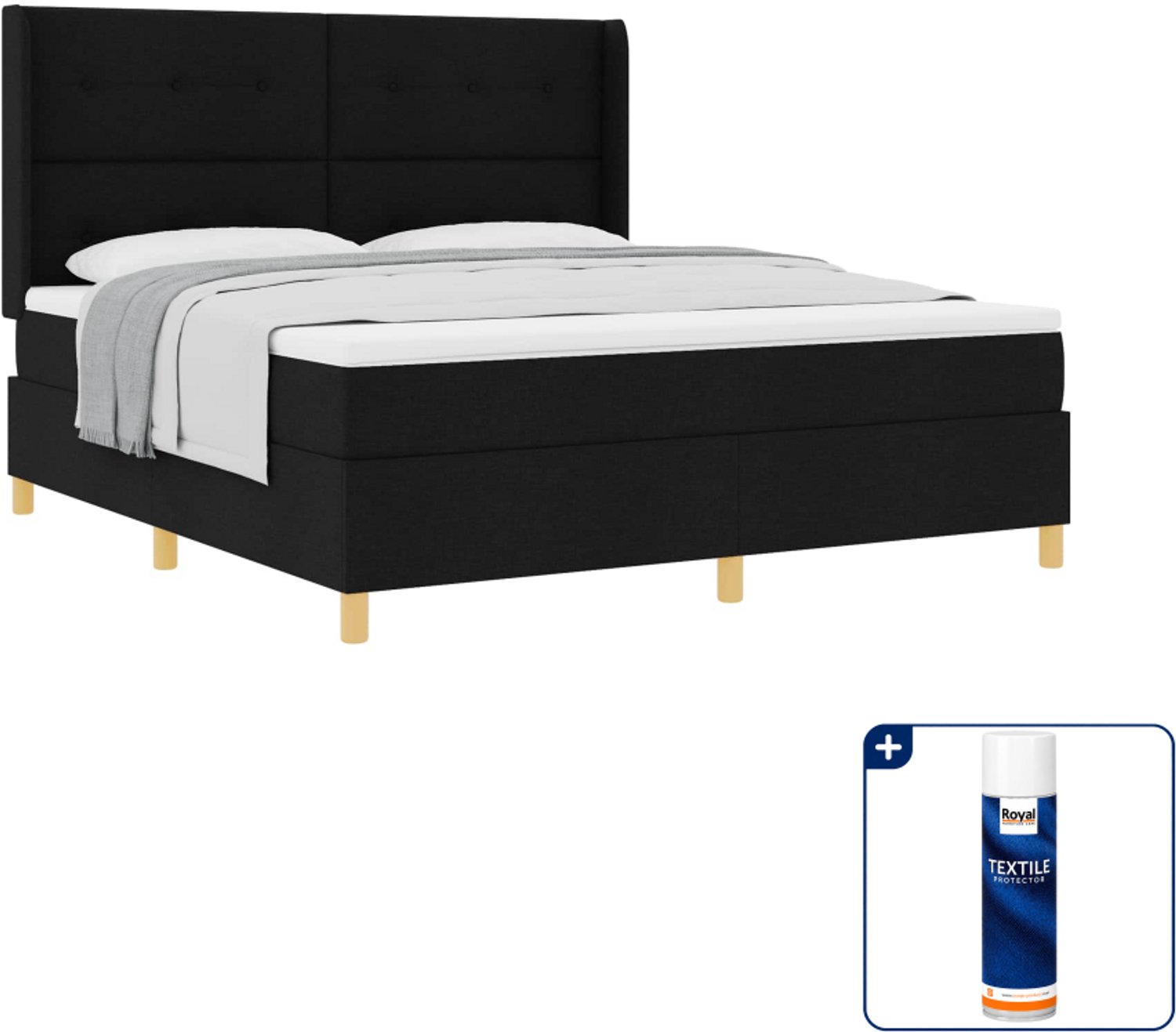 vidaXL Kingsize boxspringbed - 180 x 200 cm - stof - zwart - Inclusief textielbeschermer 500 ml