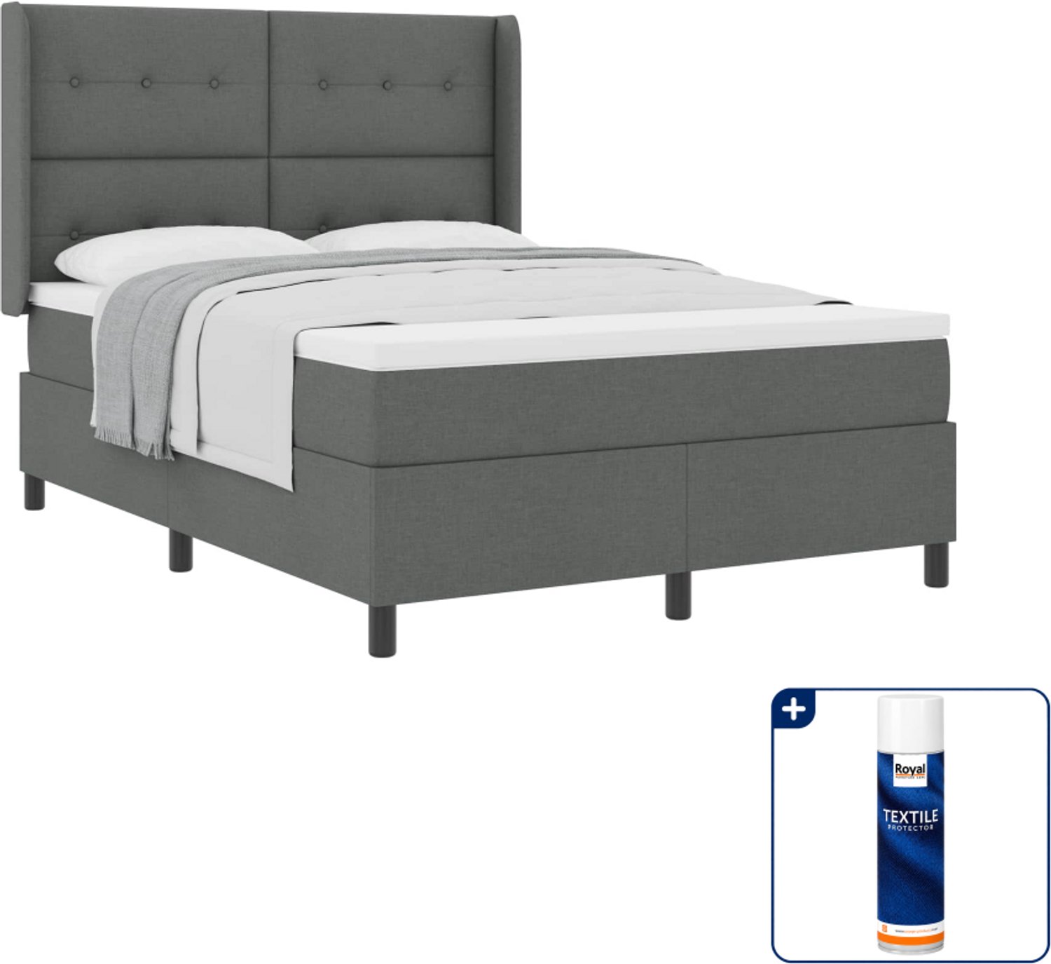 vidaXL boxspringbed - 140 x 190 cm - donkergrijs - Inclusief textielbeschermer 500 ml