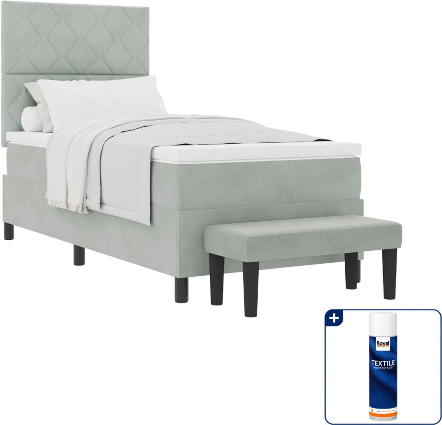 vidaXL boxspring bed - 90 x 190 cm - fluweel - lichtgrijs - Inclusief textielbeschermer 500 ml