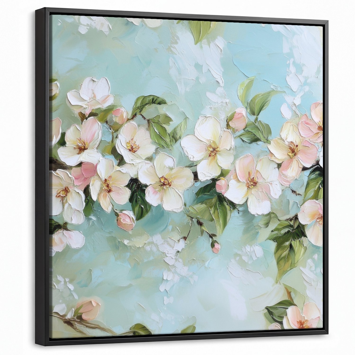 Canvas Schilderij met Baklijst 50x50cm - Bloesem - Bladeren - Lichtblauw - Muurdecoratie woonkamer - Slaapkamer decoratie - Kamer accessoires - Schilderijen op canvas met lijst