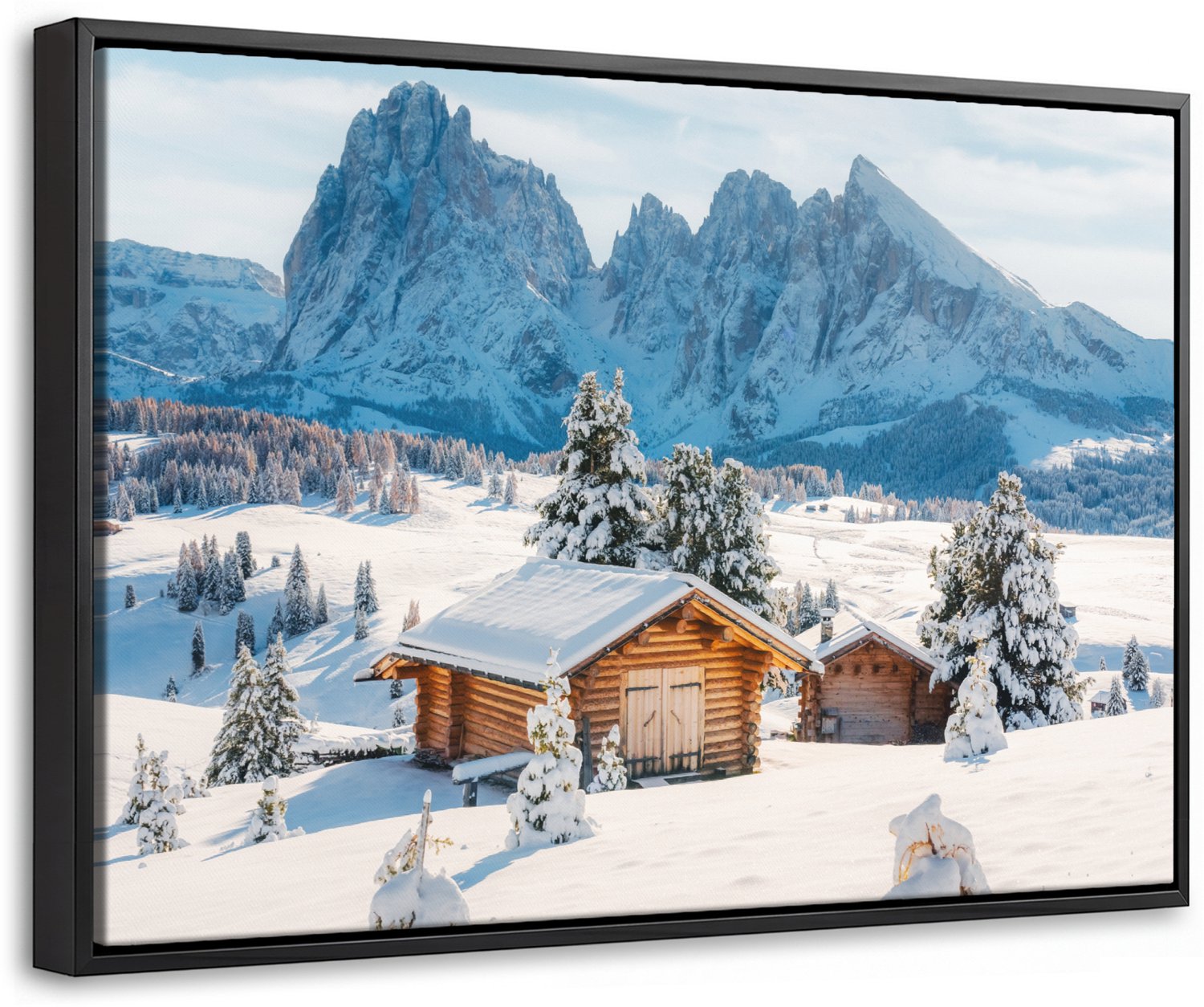 Canvas Schilderij met Baklijst 30x20cm - Winter - Huisje - Bergen - Uitzicht - Sneeuw - Muurdecoratie woonkamer - Slaapkamer decoratie - Kamer accessoires - Schilderijen op canvas met lijst