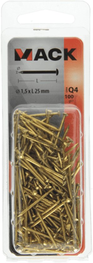 Blisterverpakking met 100 messing nagels met bolle kop, 1,5 x 25 mm, merk Mack.