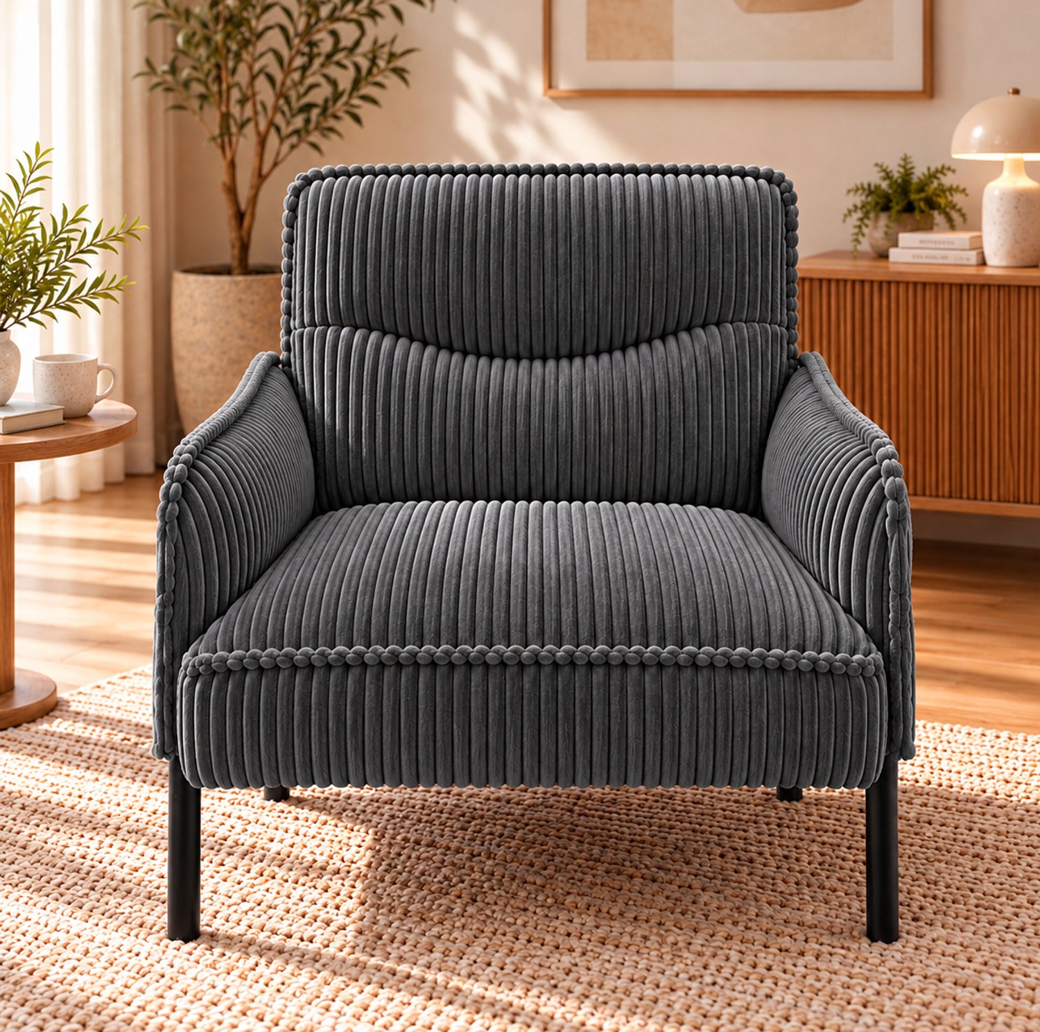 FloraGrace Fauteuil 69 x 73 x 83 cm - Zachte Ribstof met Zijvakken en Hoge Rugleuning - voor Kleine Woonruimtes - Metaal - Grijs