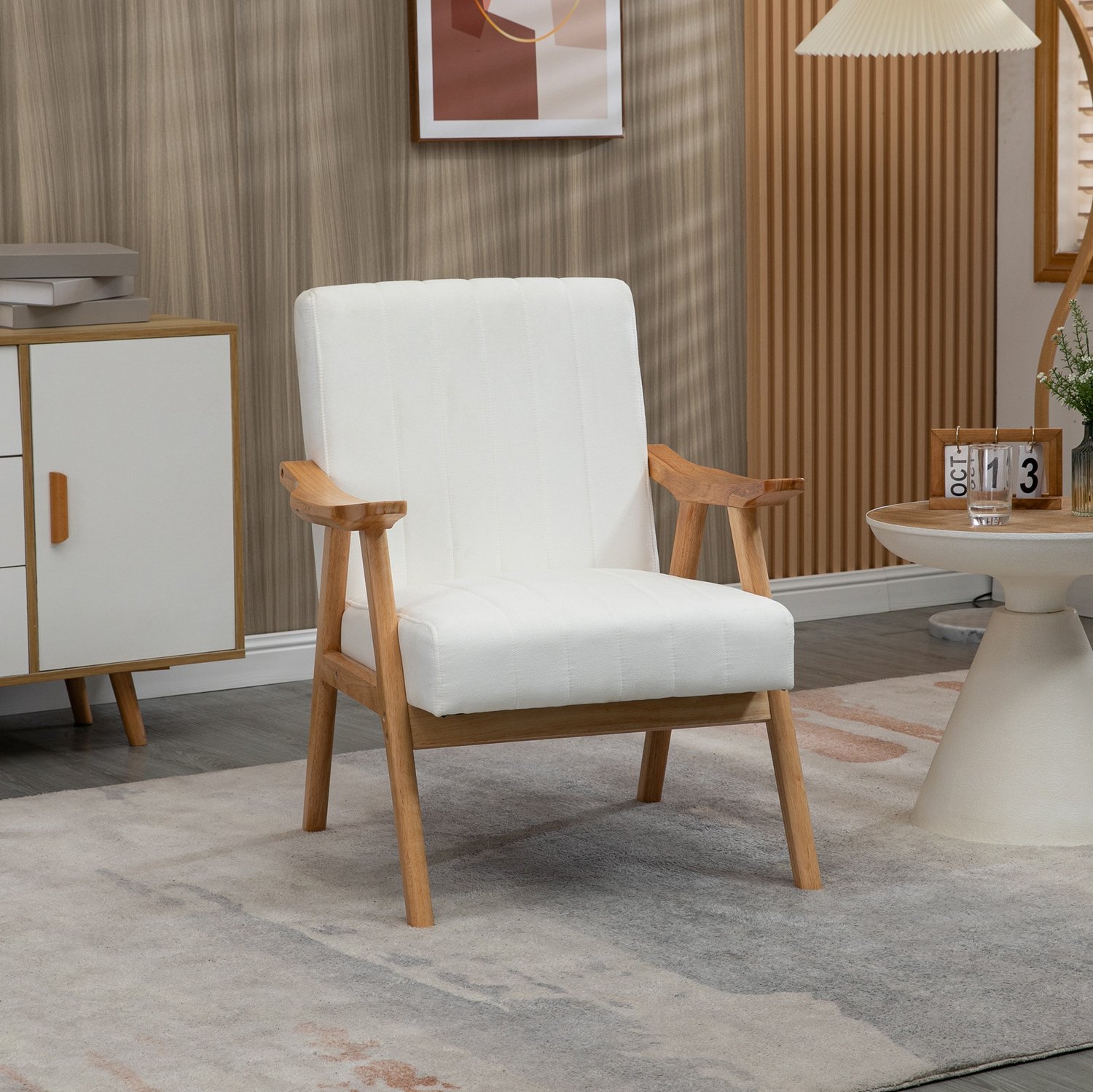MODENUIT Fauteuil 68 x 74 x 82 cm - Met Armleuningen en Gewatteerde Zitting - Woonkamer - Hout - Crèmewit