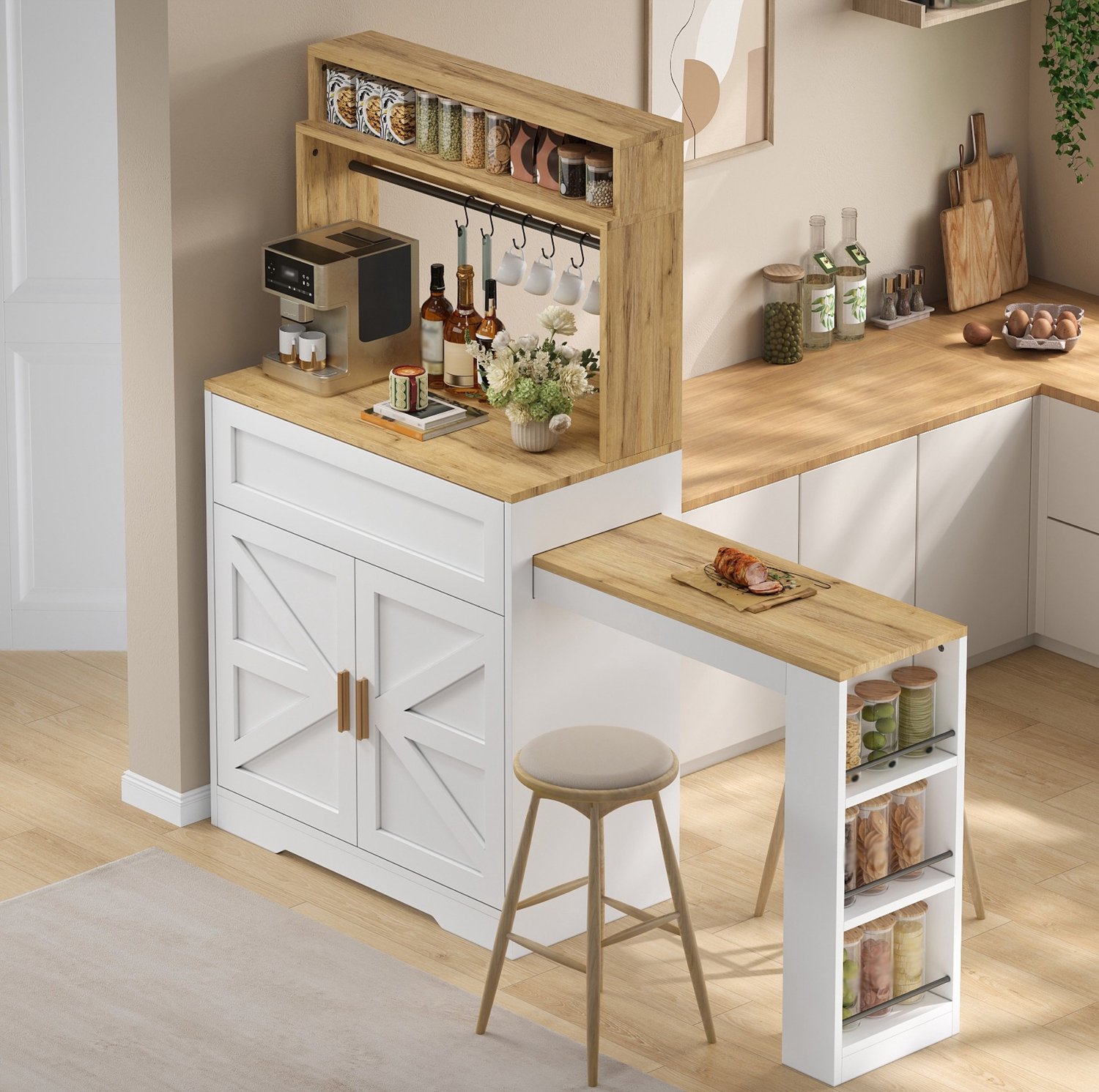 MIVRAY Keukenkast - Uitschuifbaar Werkblad en Verstelbare Legplanken - Zijrek voor Keuken en Eetkamer - MDF en Spaanplaat - 146x40x142 Cm - Wit Wit en licht houtkleurig