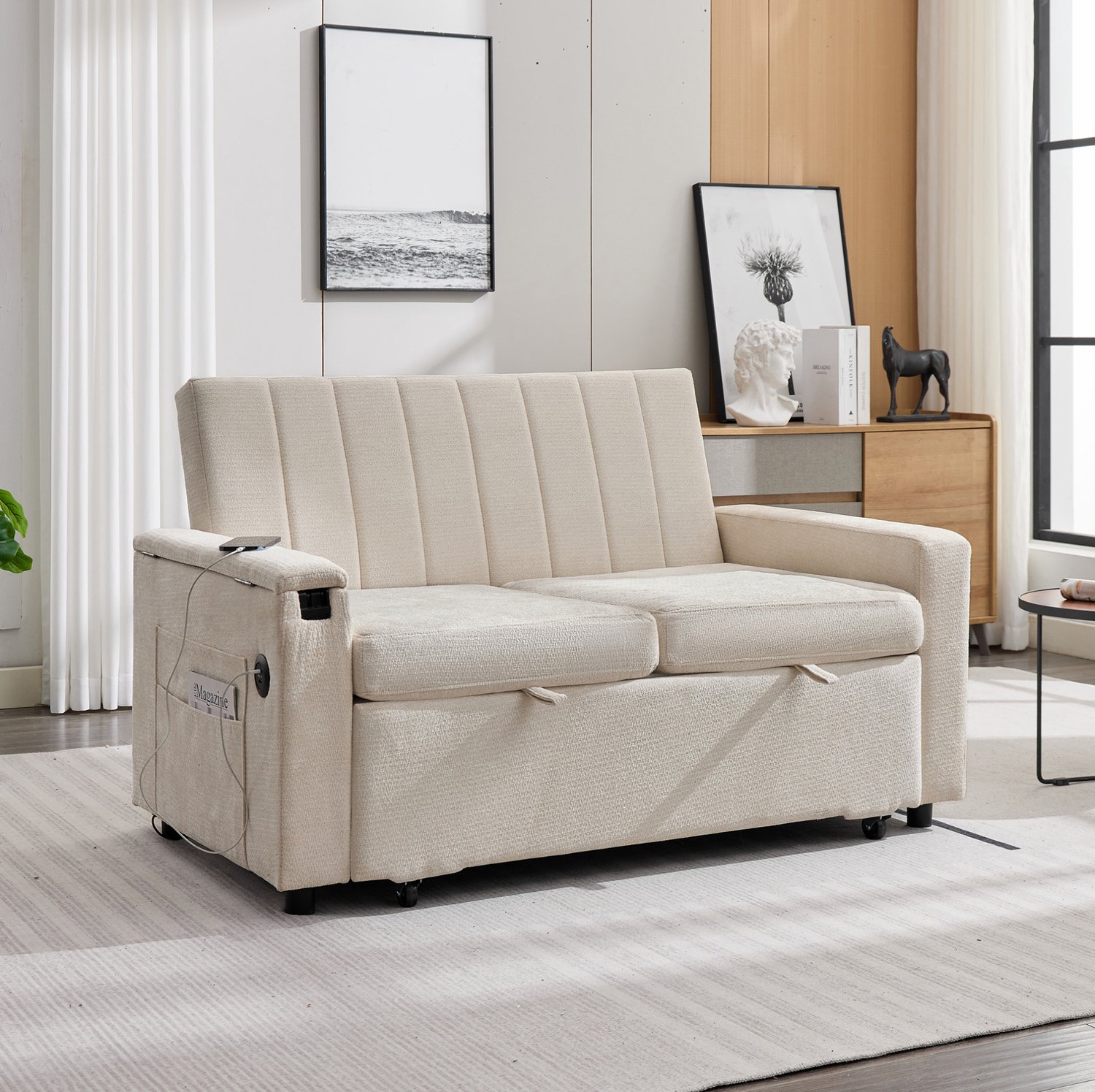 STILVORA Slaapbank 140 x 84,5 x 84 cm - 2-Zits Uitschuifbaar met Verstelbare Rugleuning - Woonkamer en Logeerkamer - Chenille - Beige