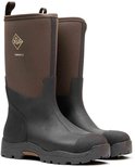 Paar bruine Muck Boot Derwent II tuinlaarzen met een donker rubberen onderkant en een bruine stoffen bovenkant.
