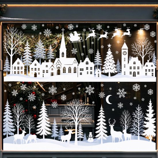Raamsticker Kerst - Wit - Winterdorp met Sneeuwvlokken | bol